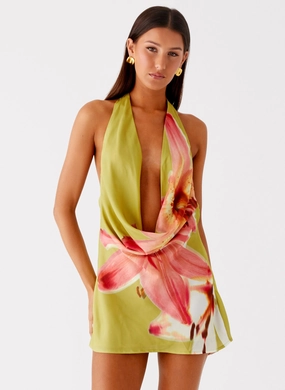 Varindra Cowl Mini Dress - Jungle Floral TearResistantFabric BiasCutSilhouette