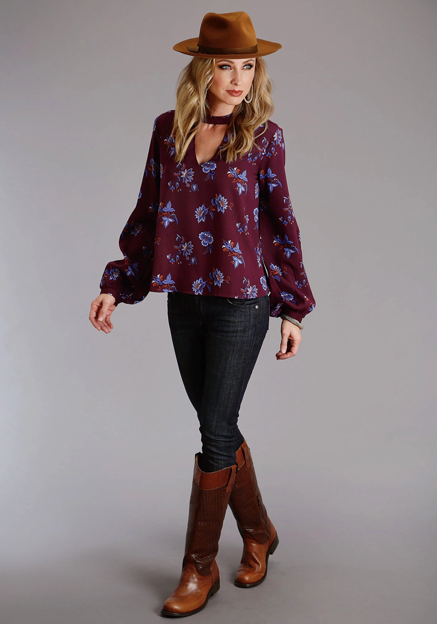 Stetson Womens Floral Herringbone Wine/Blue 100% Rayon L/S Blouse Sporty Look