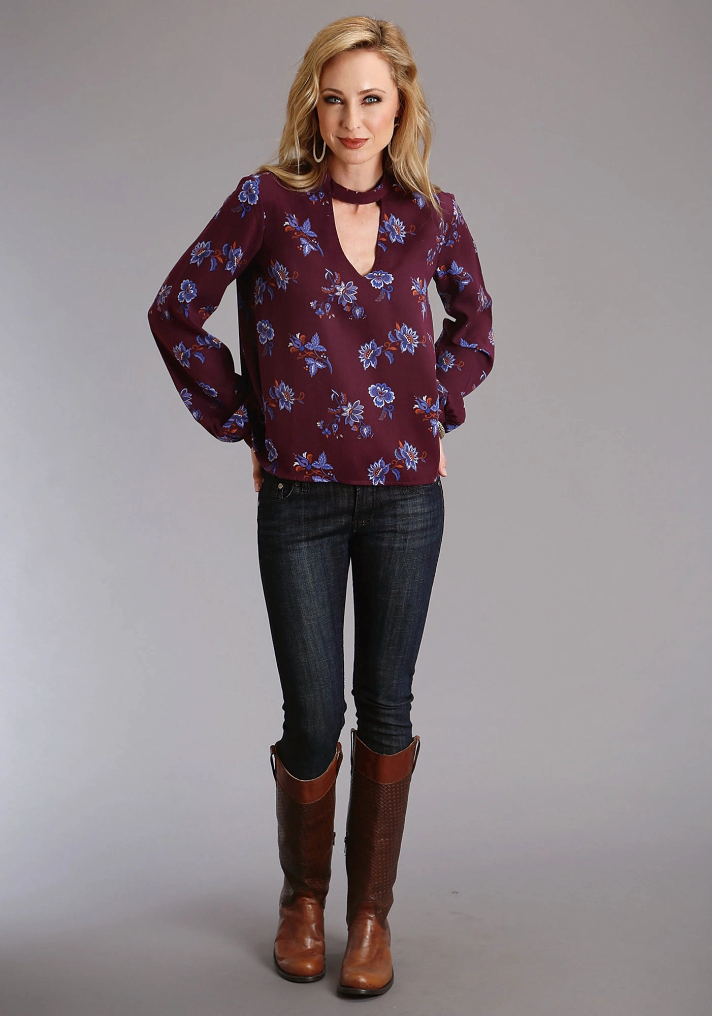 Stetson Womens Floral Herringbone Wine/Blue 100% Rayon L/S Blouse Multi Pocket Utility Everyday Outfit