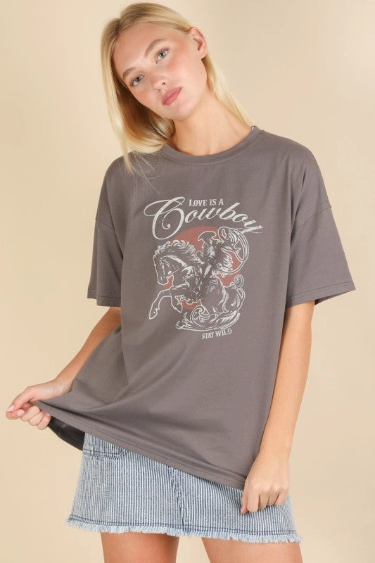 Love Is A Cowboy Graphic Top Curved Hem