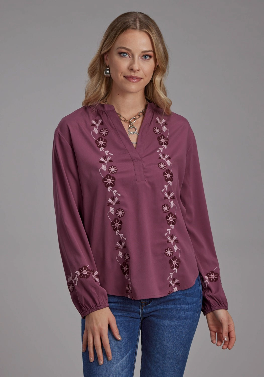 Abrasion resistant Fitted Silhouette Roper Womens Banded Color Floral Mauve 100% Polyester L/S Blouse