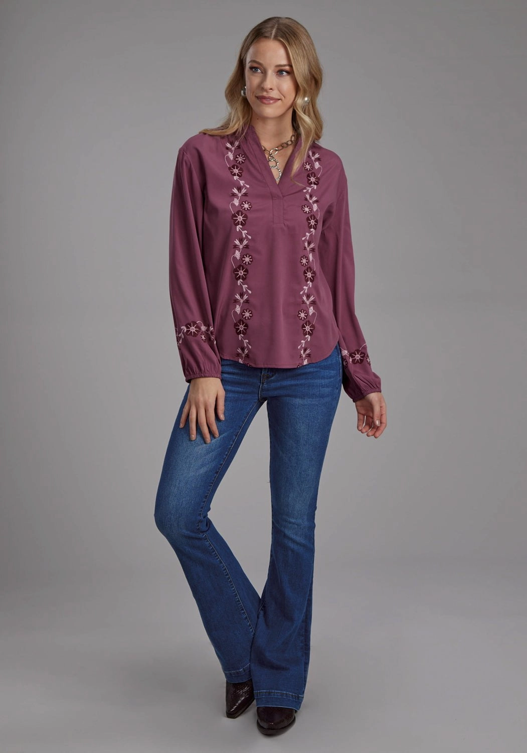 Roper Womens Banded Color Floral Mauve 100% Polyester L/S Blouse Performance Fabric Fade Resistant Formula