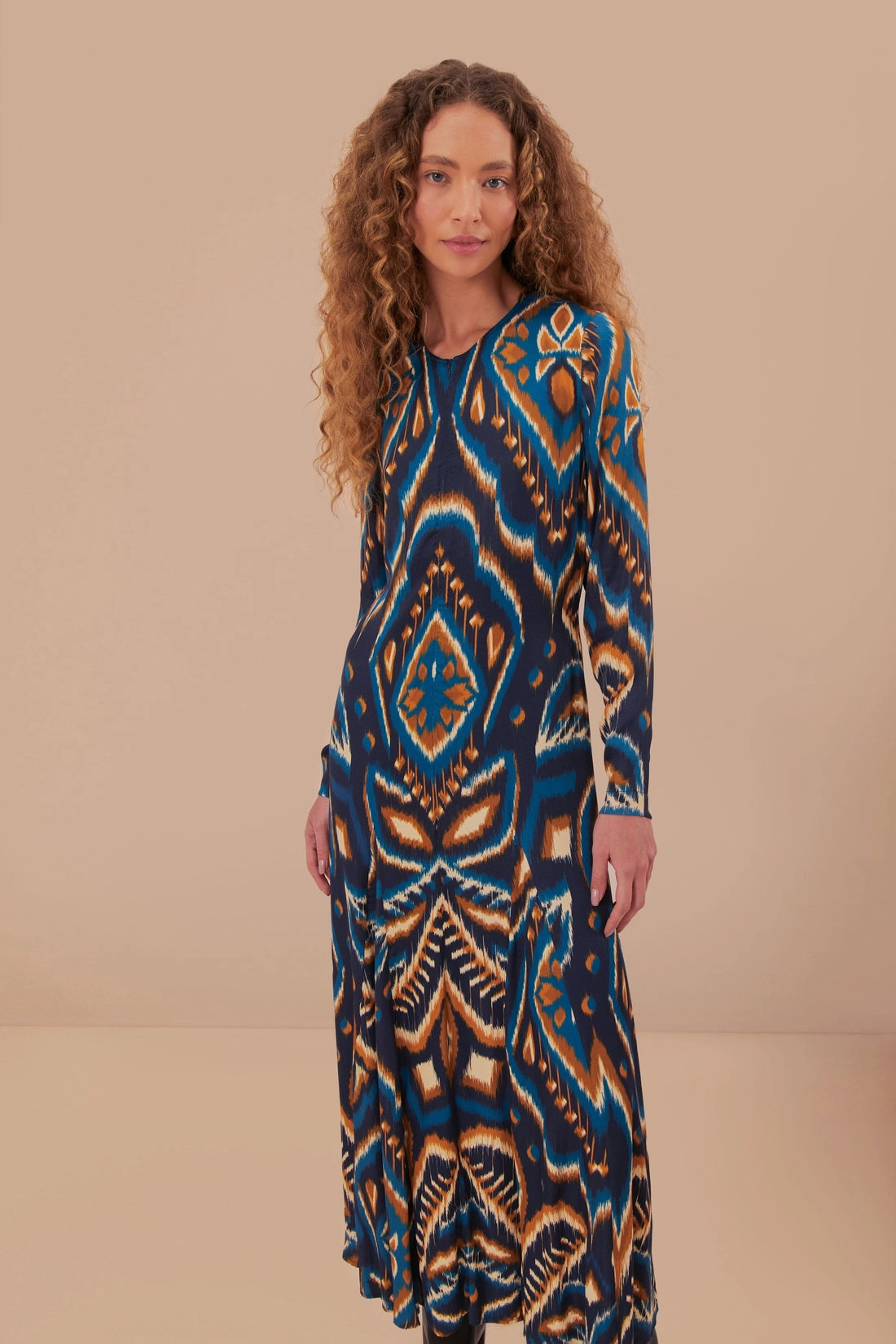 Pineapple Ikat Maxi Dress in Blue Urban Drape Cinched-Waist