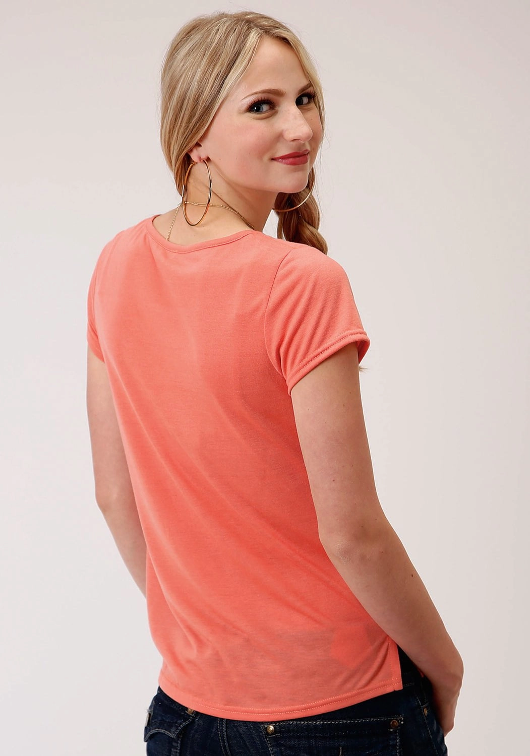Ribbed Trim Urban Style Roper Womens Coral Red Poly/Rayon Curved Yoke S/S T-Shirt