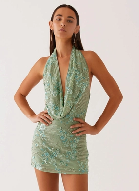 WaterRepellentCoating High-waisted evening piece Olisa Cowl Neck Beaded Mini Dress - Mint