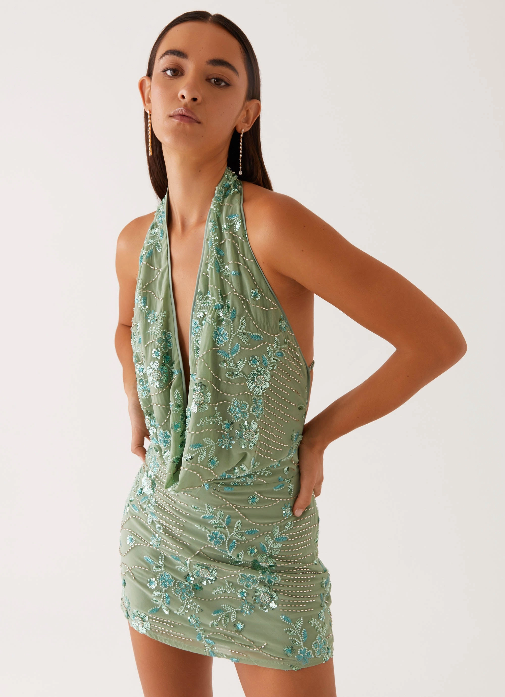 Olisa Cowl Neck Beaded Mini Dress - Mint Feminine Layers