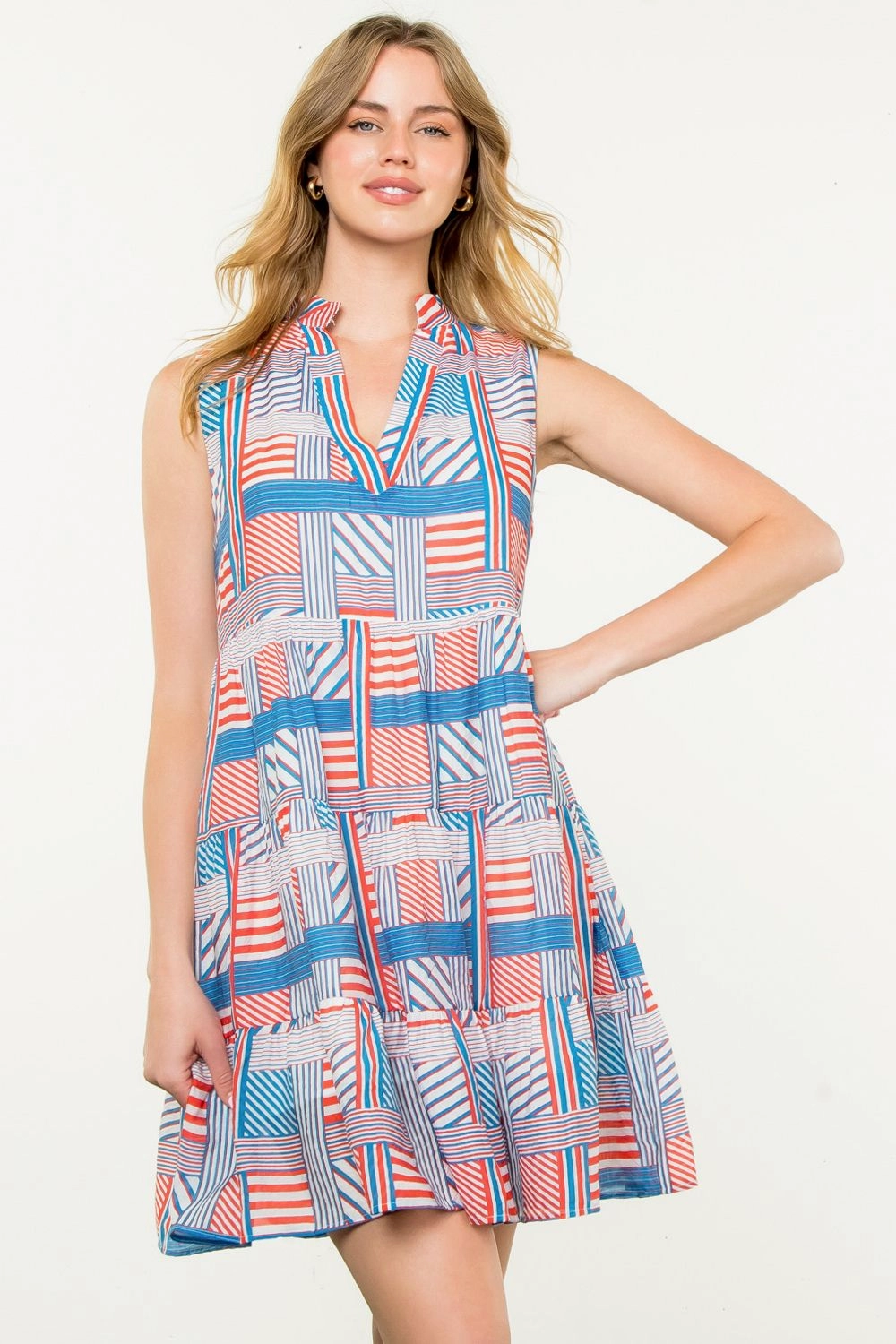 Sleeveless Dress in Red Mixed Stripe Travel-Style Sophisticated Look