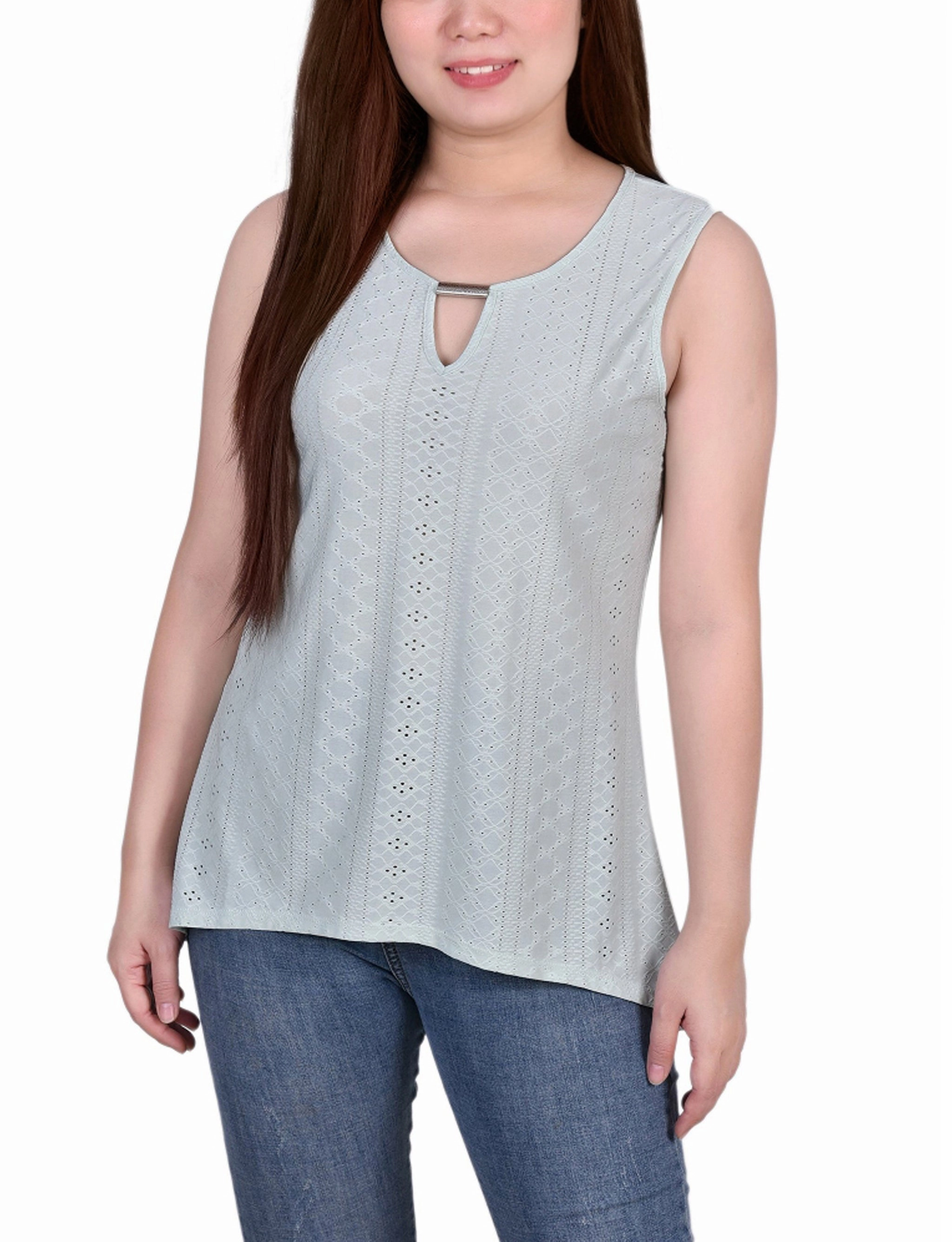 Clean Silhouette HighElastic Recovery Sleeveless Knit Eyelet Top With Hardware