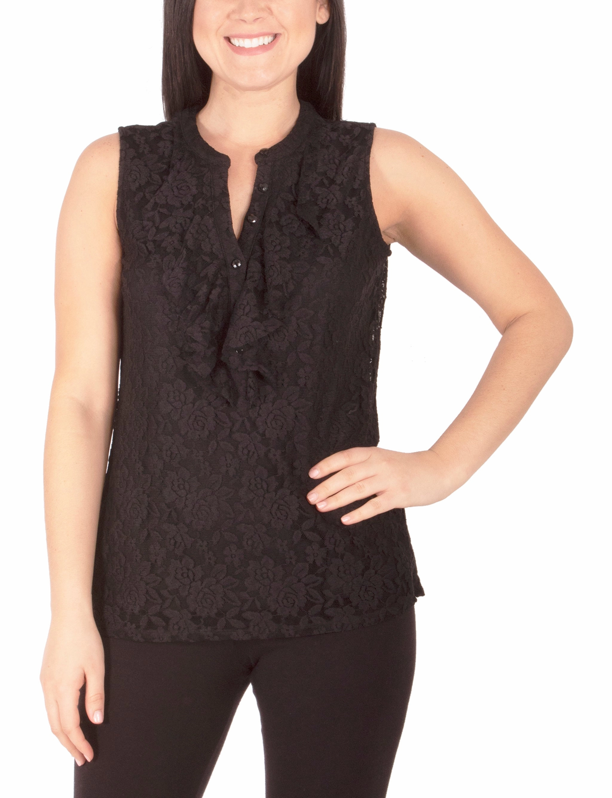 Sleeveless Lace Ruffle Front Y Neck Top Hand Linked Seams