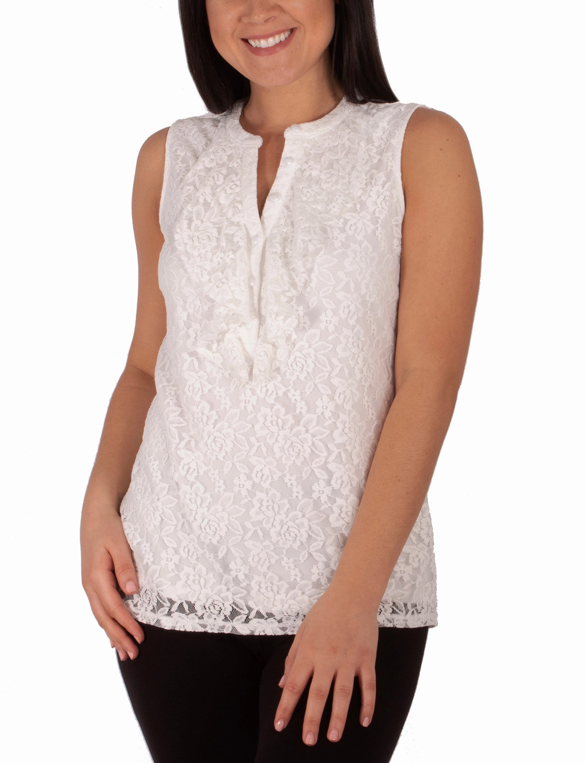 Sleeveless Lace Ruffle Front Y Neck Top Drop Shoulder Cut