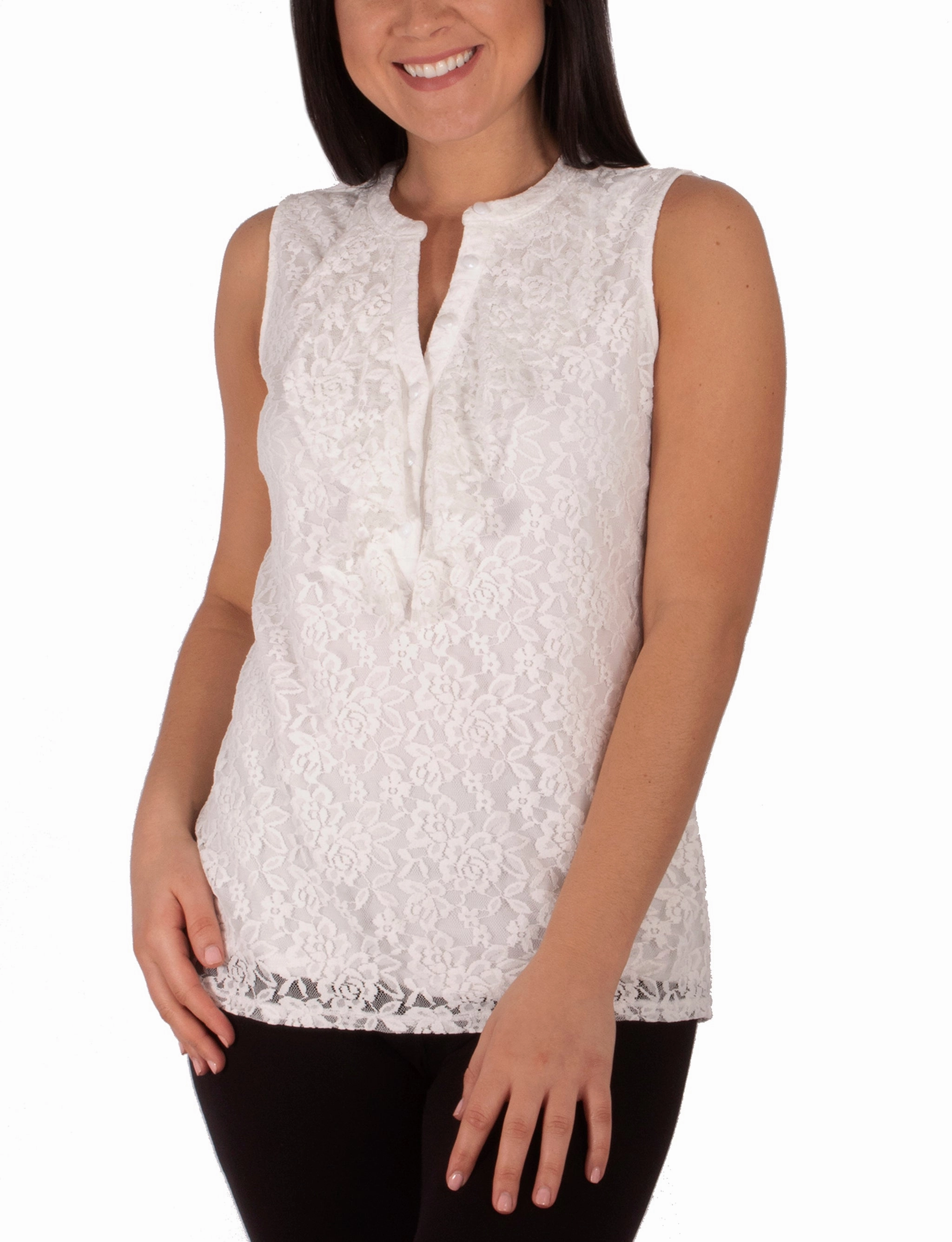 Sleeveless Lace Ruffle Front Y Neck Top Temperature Regulating