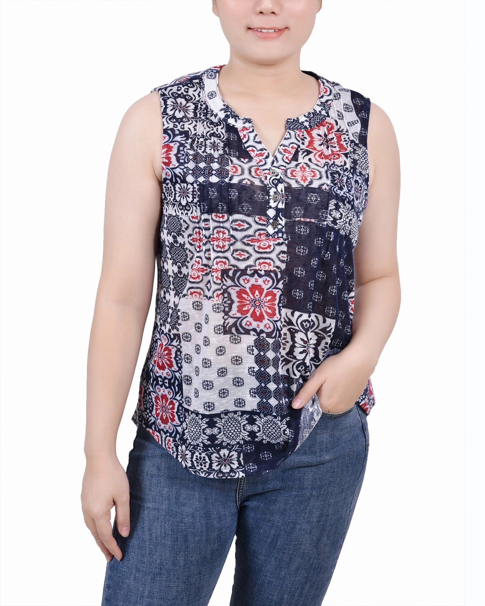 Modern Drape Sleeveless Slub Knit Y Neck Top