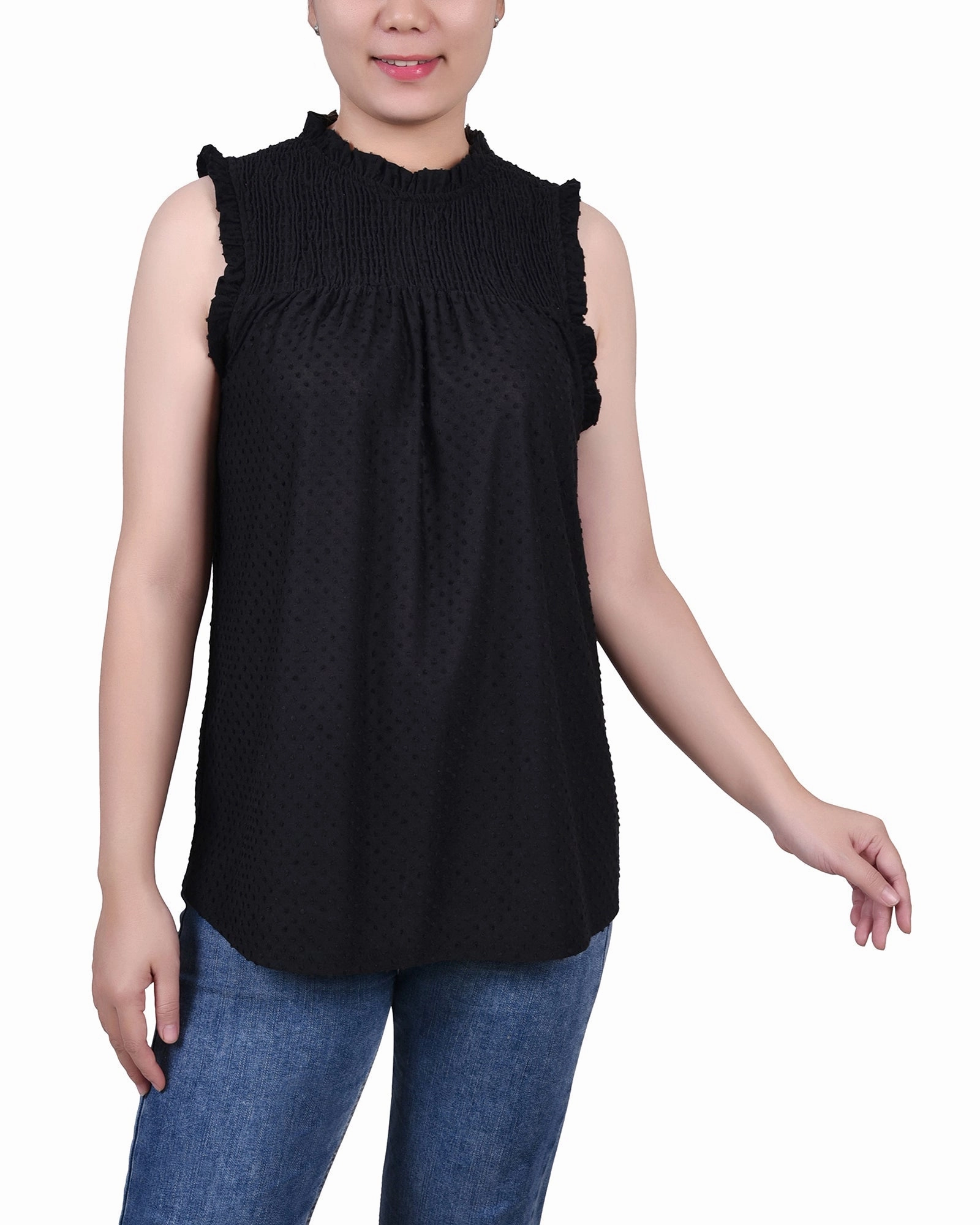 FadeResistant Yarn Flexible Side Gusset Sleeveless Yoke Top With Ruffles