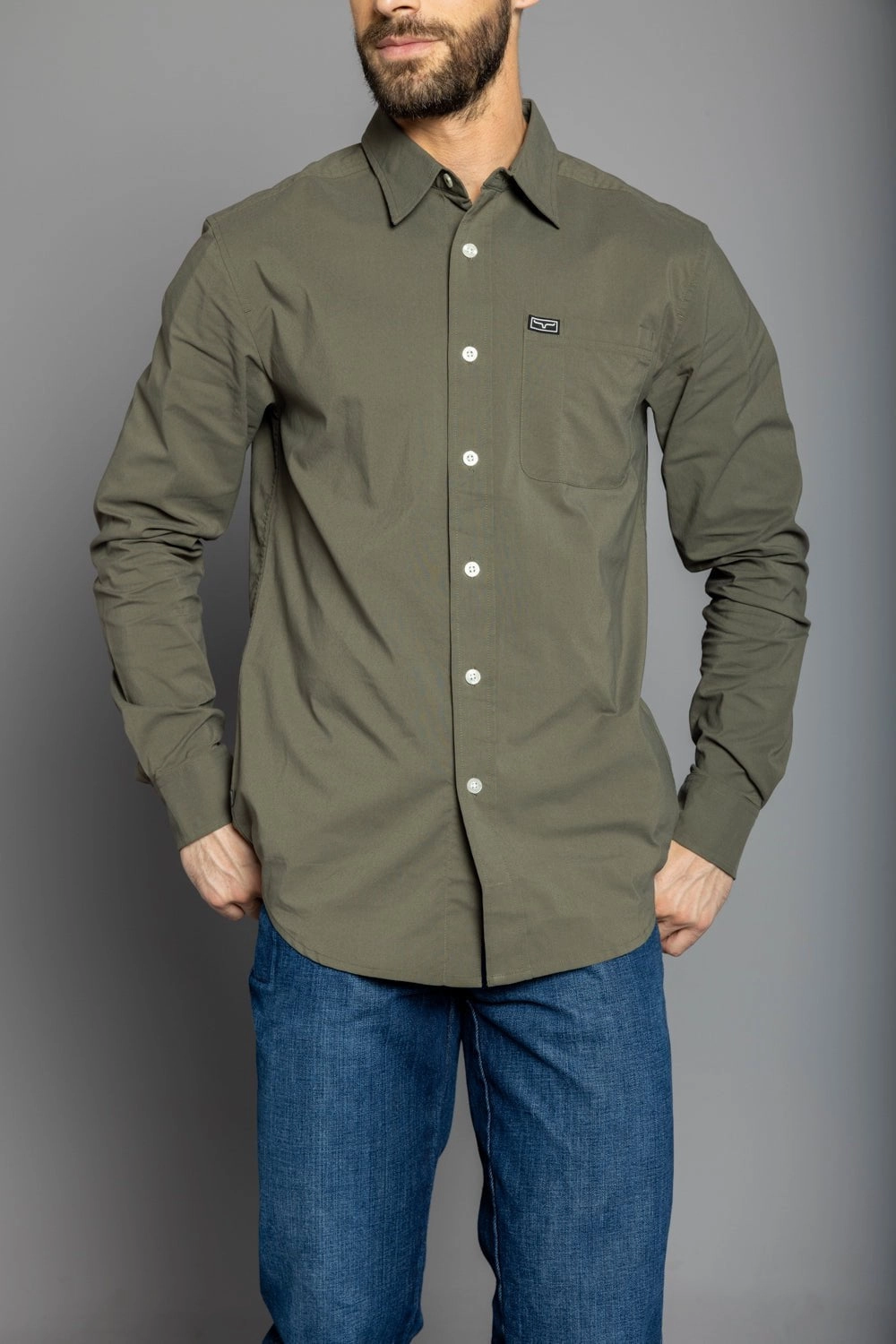 Kimes Ranch Mens Linville Solid Sage Cotton Blend L/S Shirt Double Needle Hemming