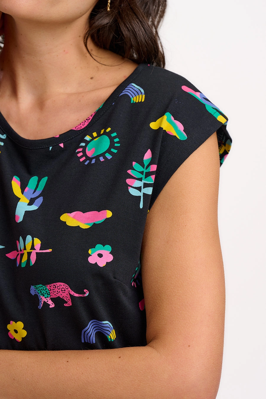 Sloane Jersey Midi Dress in Summer Joy Black Fit Base Timeless Style Wear