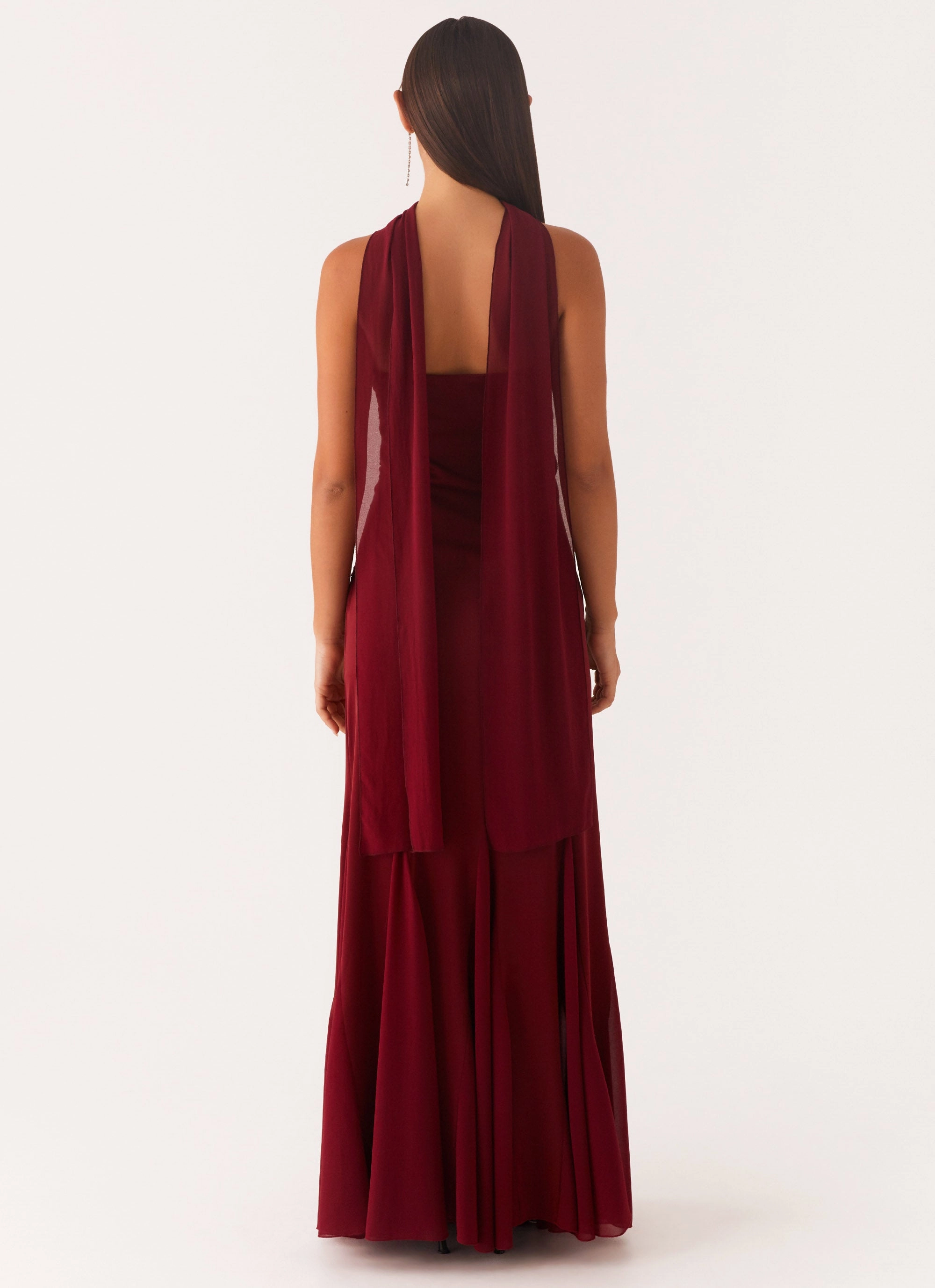 Autumn Essential Street Style Melrose Satin Chiffon Maxi Dress - Deep Red