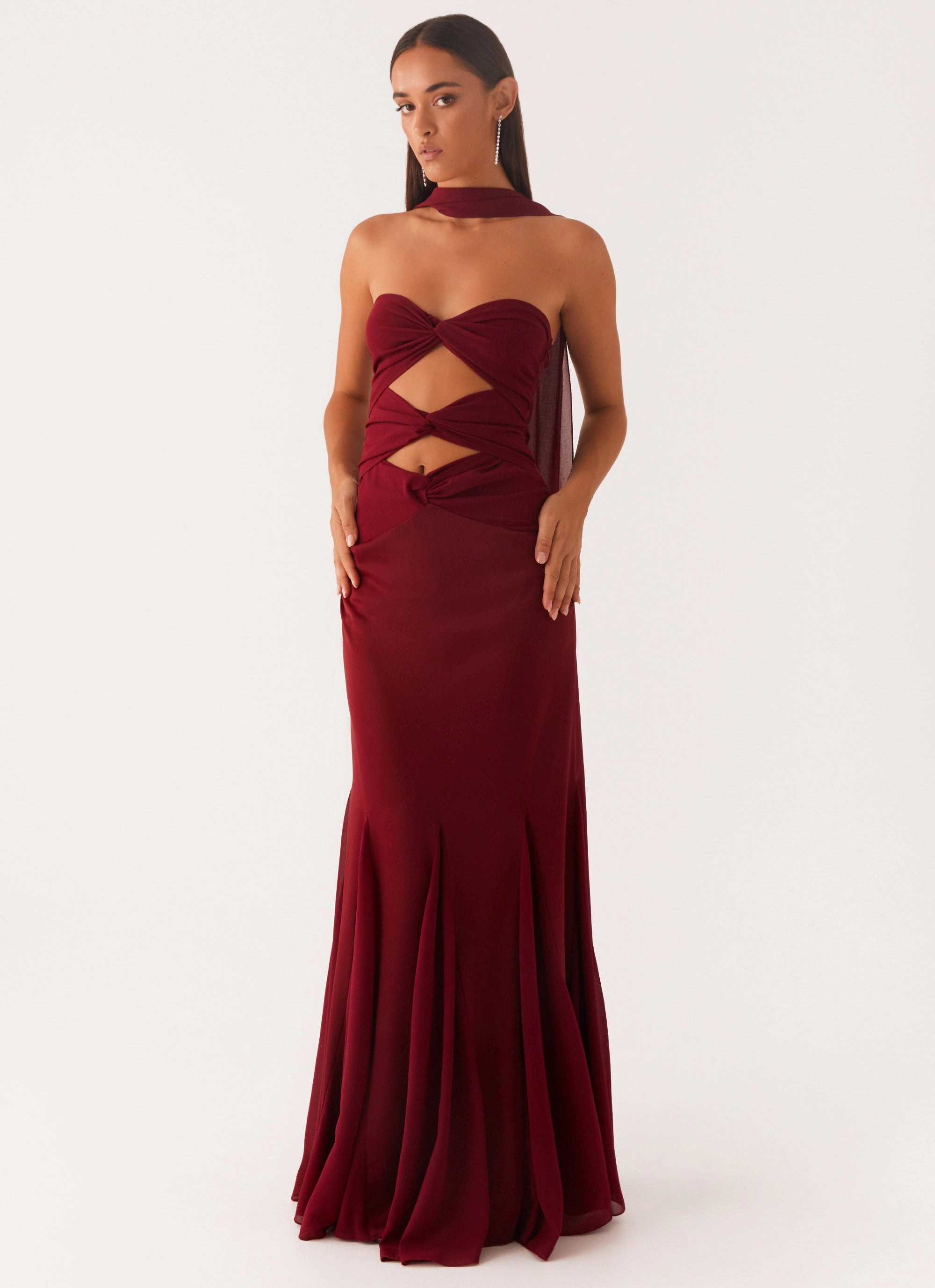 Simple Flow Melrose Satin Chiffon Maxi Dress - Deep Red