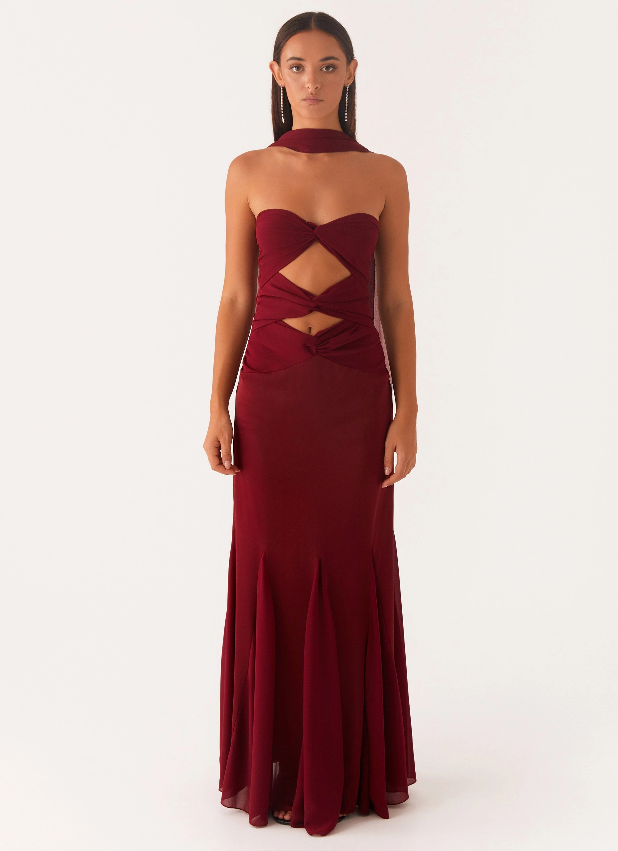 Pleat Breeze LightweightMaterial Melrose Satin Chiffon Maxi Dress - Deep Red