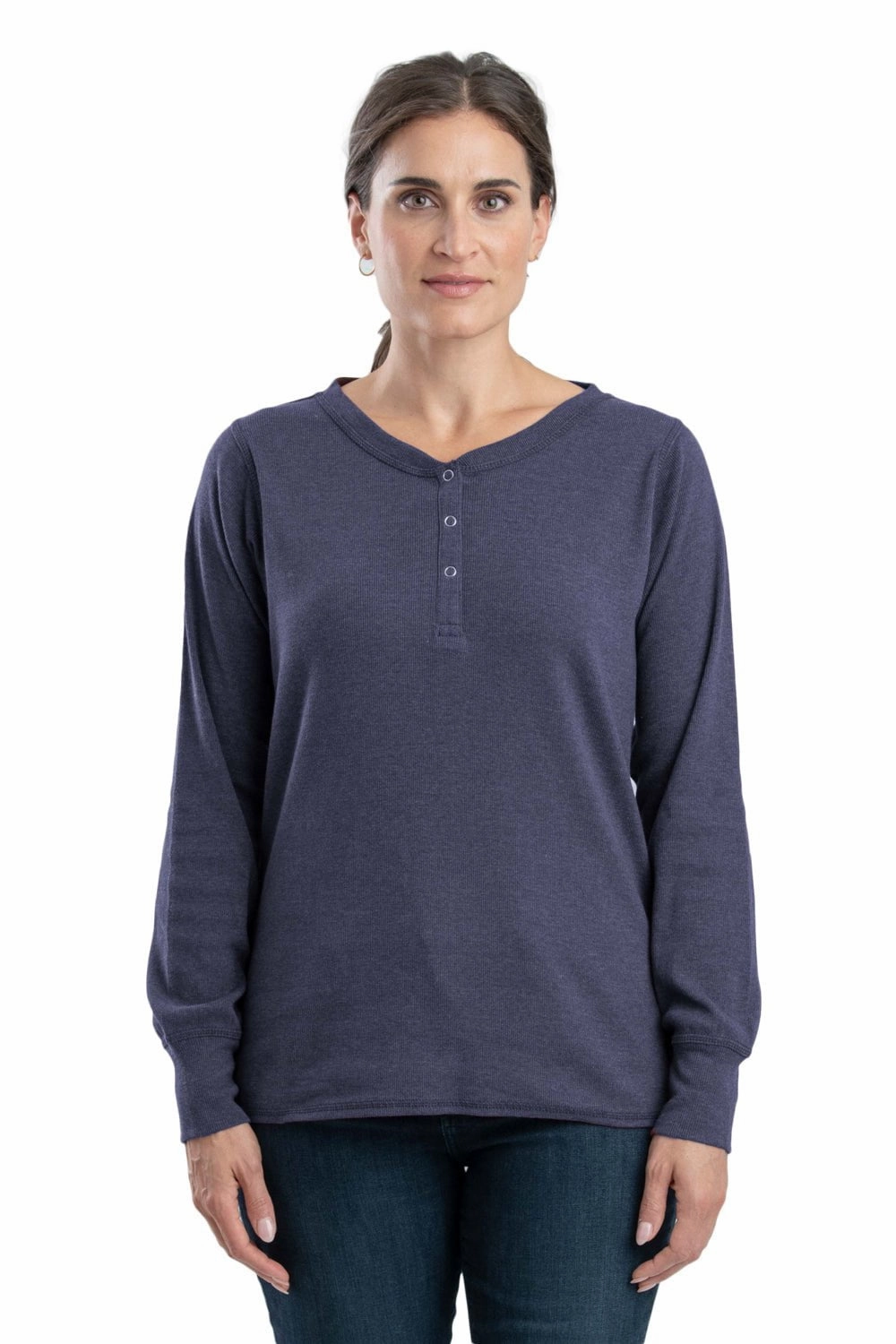 Berne Steel Blue Cotton Blend Womens Heavyweight Rib Knit Henley L/S Anniversary Celebration