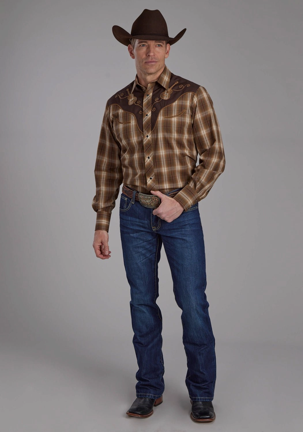 Roper Mens Guitar Applique Tobacco/Black Cotton Blend L/S Shirt Unmatched comfort Smooth Stitch Pattern