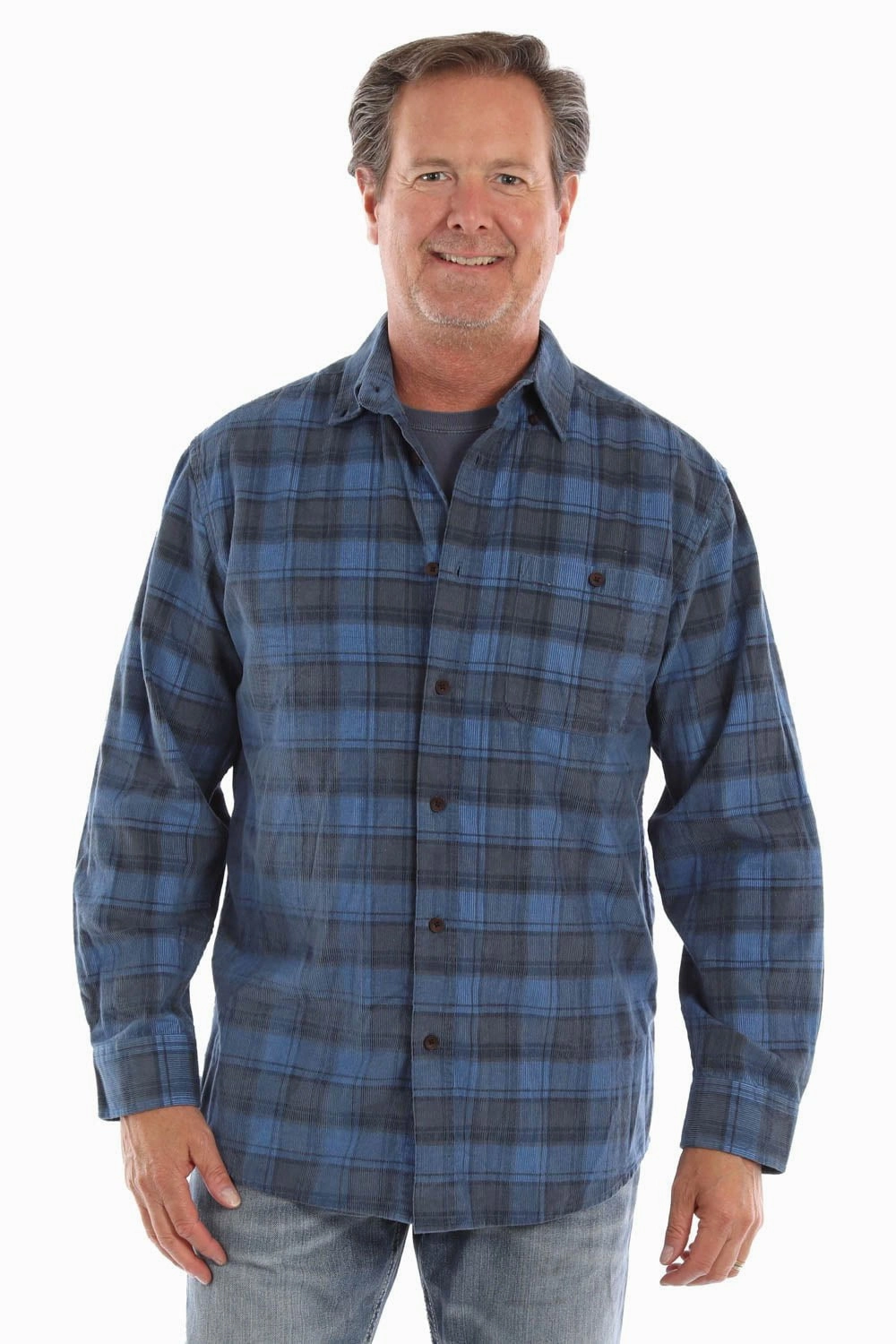Scully Mens Yarn Dyed Cord Blue 100% Cotton Plaid L/S Shirt Stretchable Cloth Abrasion Resistant Edges