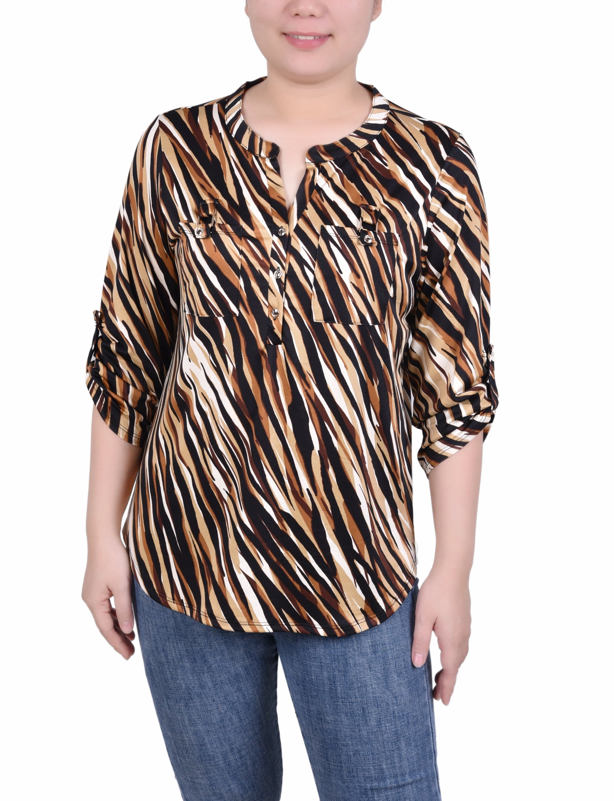 Long Tab-Sleeve Top With Pockets Crisp Texture Neutral Style