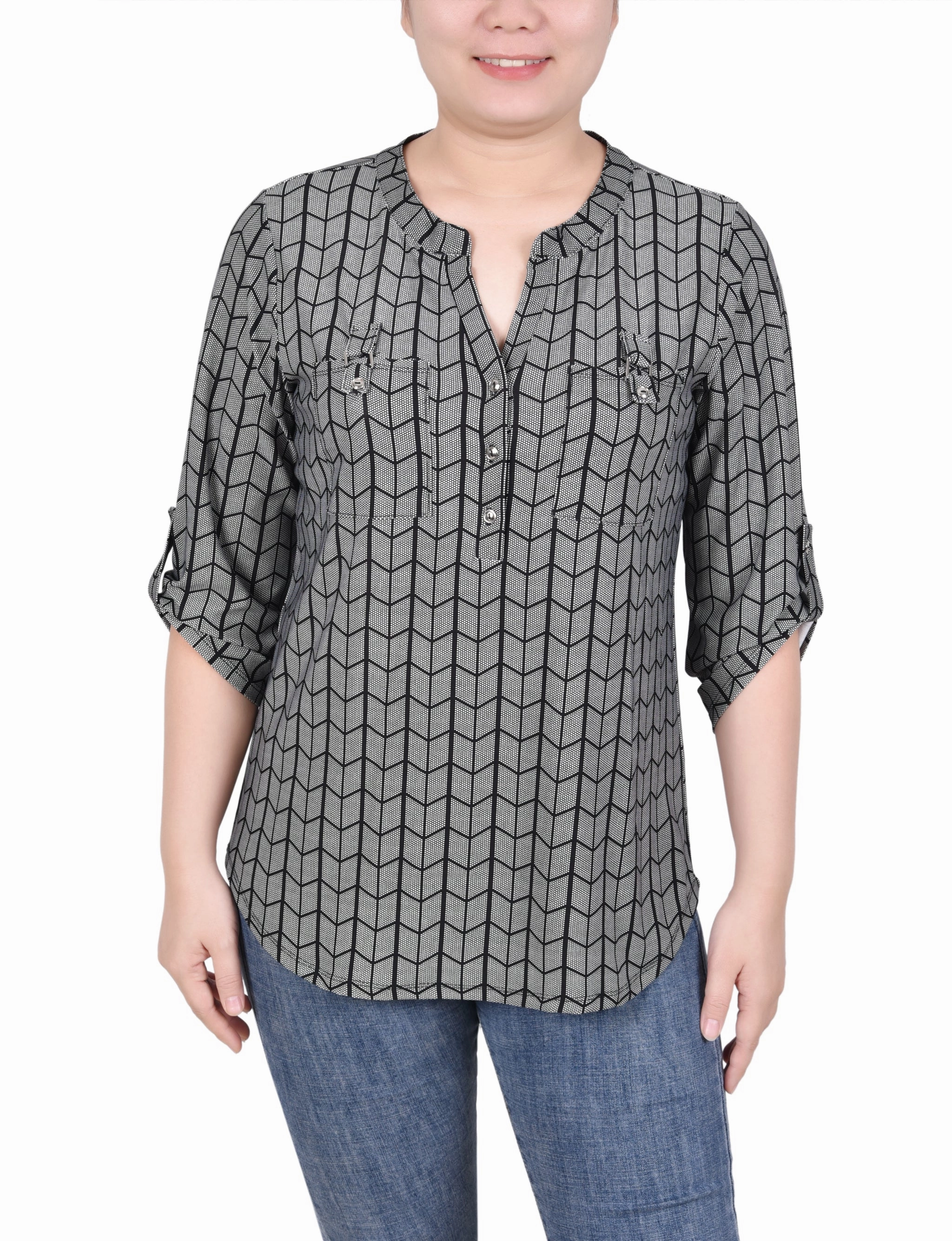 Anti Pilling Long Tab-Sleeve Top With Pockets