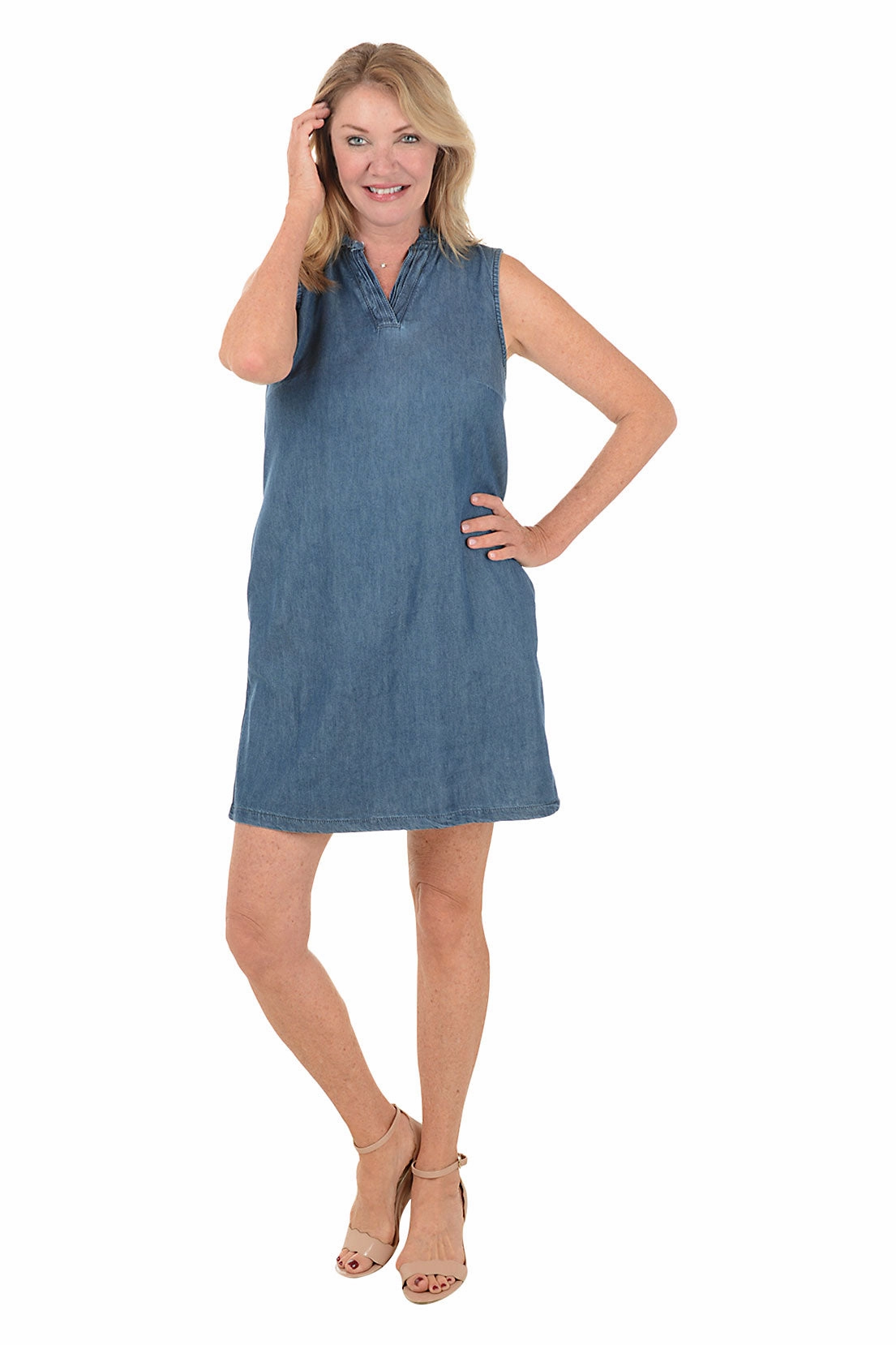 Frayed Collar Sleeveless Denim Dress Winter-Season