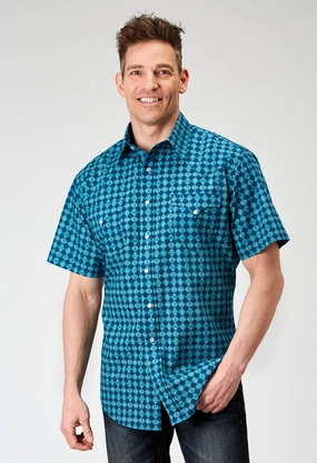 Roper Mens 1894 Scribble Blue 100% Cotton S/S Shirt Double Needle Hemming Bamboo Fiber Blend