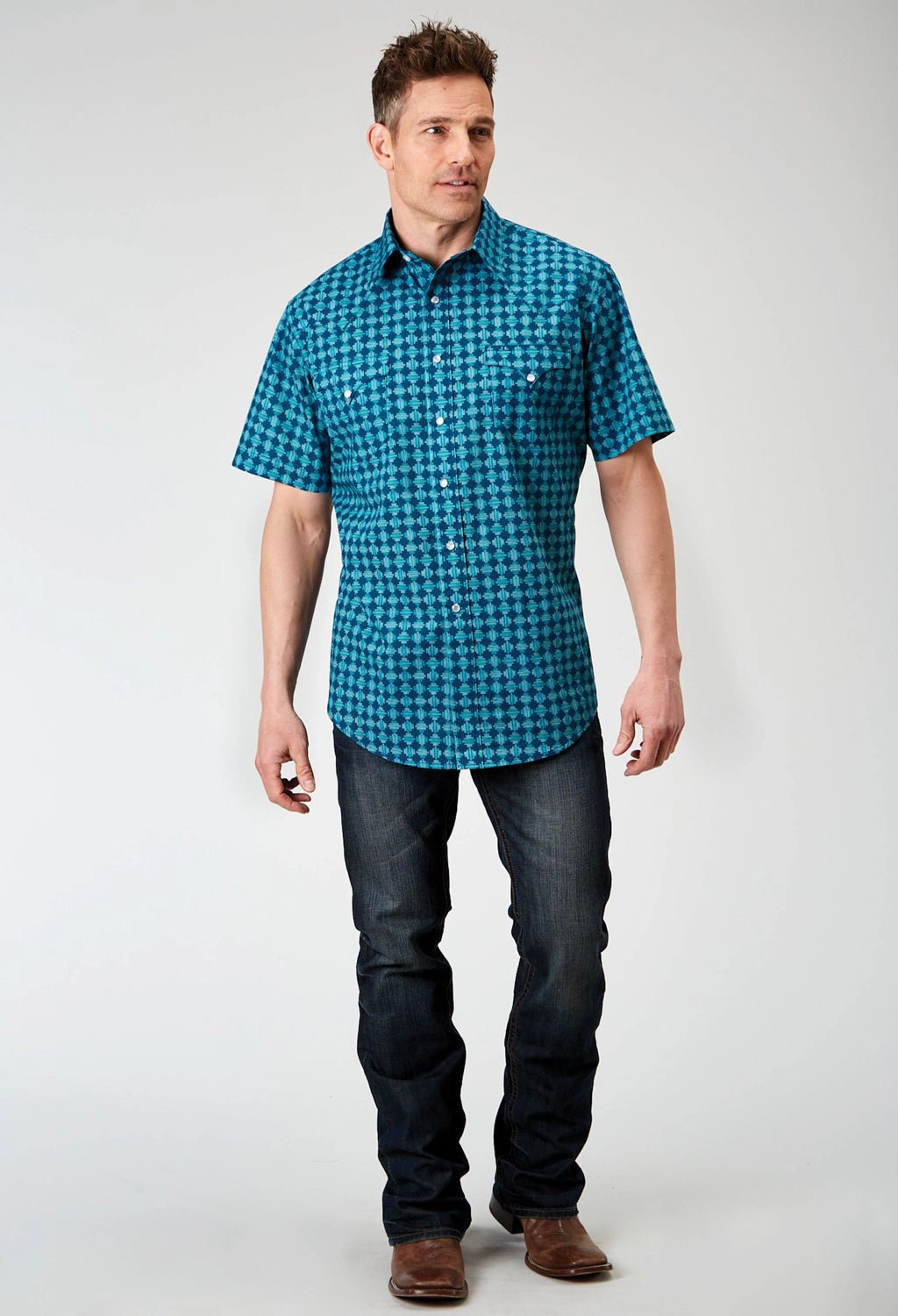high-low hem Gender Neutral Roper Mens 1894 Scribble Blue 100% Cotton S/S Shirt