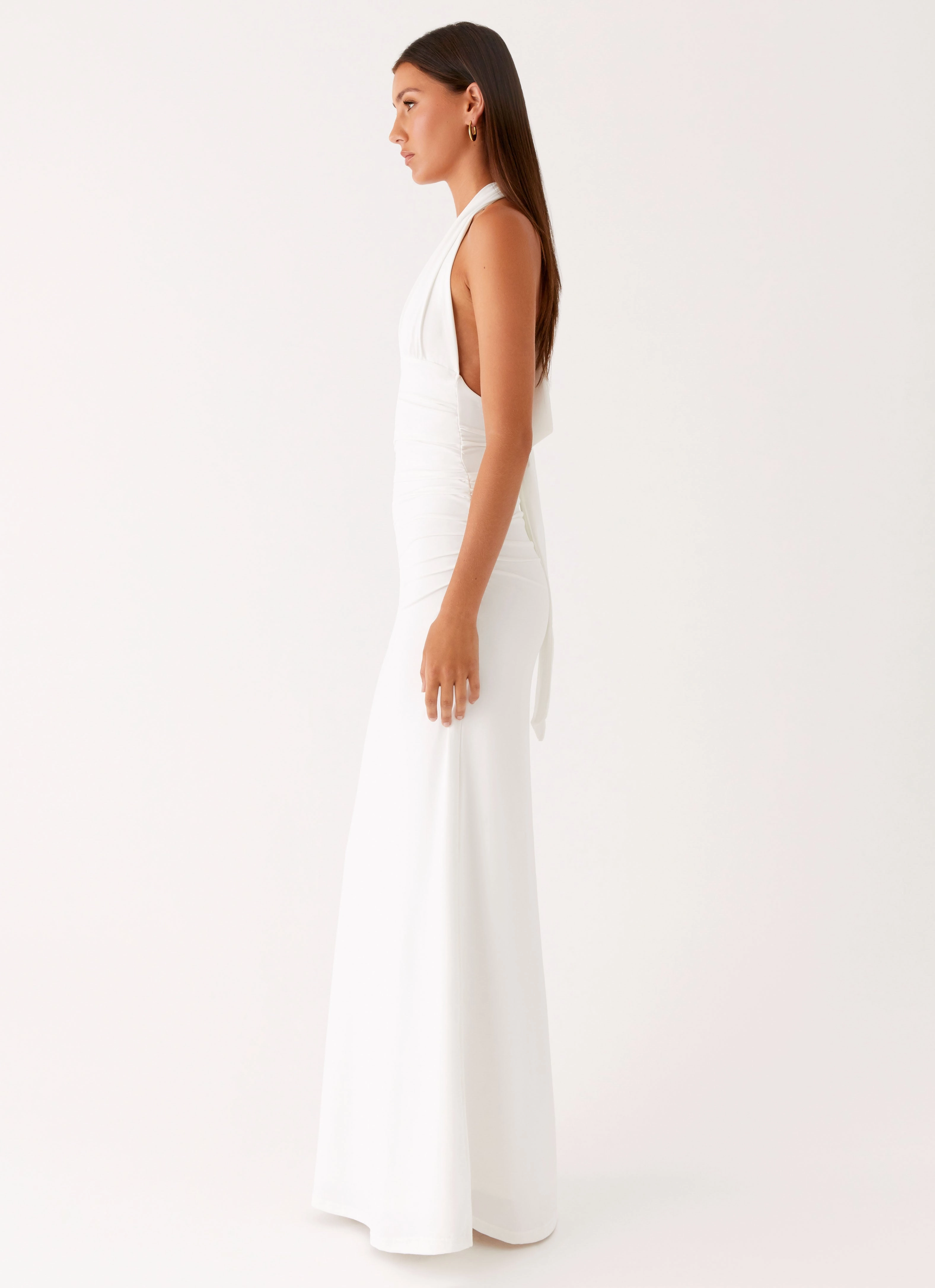 Ilaria Halter Maxi Dress - White Draped Layer Sleek Silhouette
