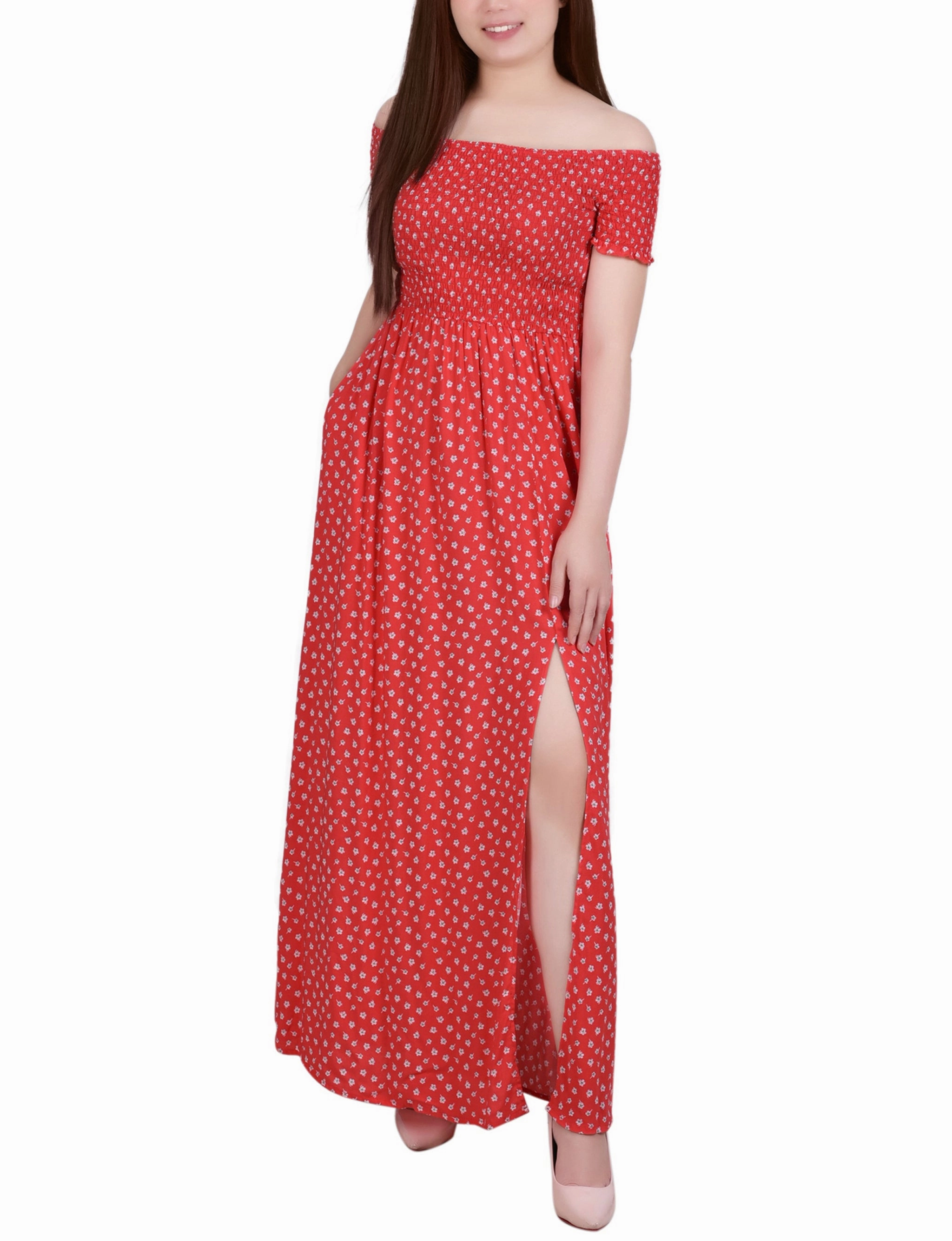 Work Style Contrast-Lining Smocked Bodice Maxi Dress