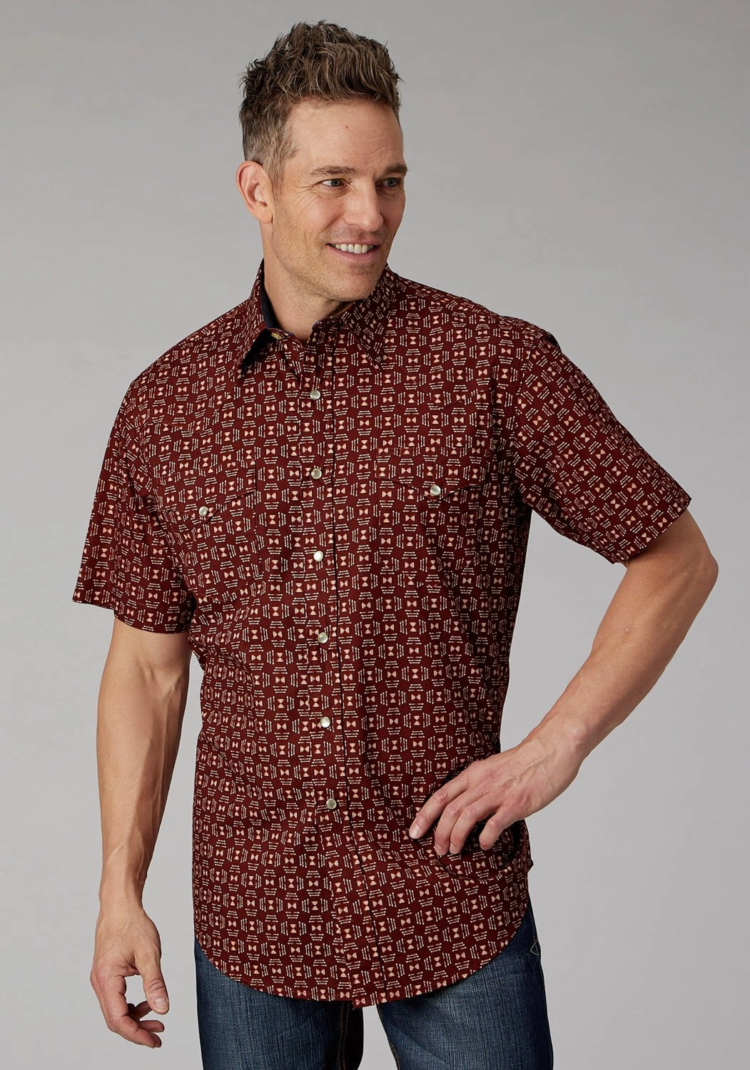 Roper Mens 2005 Ikat Arrows Red 100% Cotton L/S Shirt Non-Iron