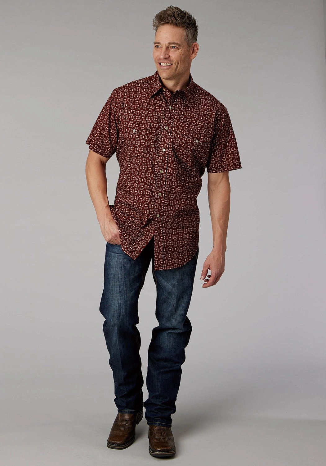 Tagless Labeling Yoke Design Roper Mens 2005 Ikat Arrows Red 100% Cotton L/S Shirt