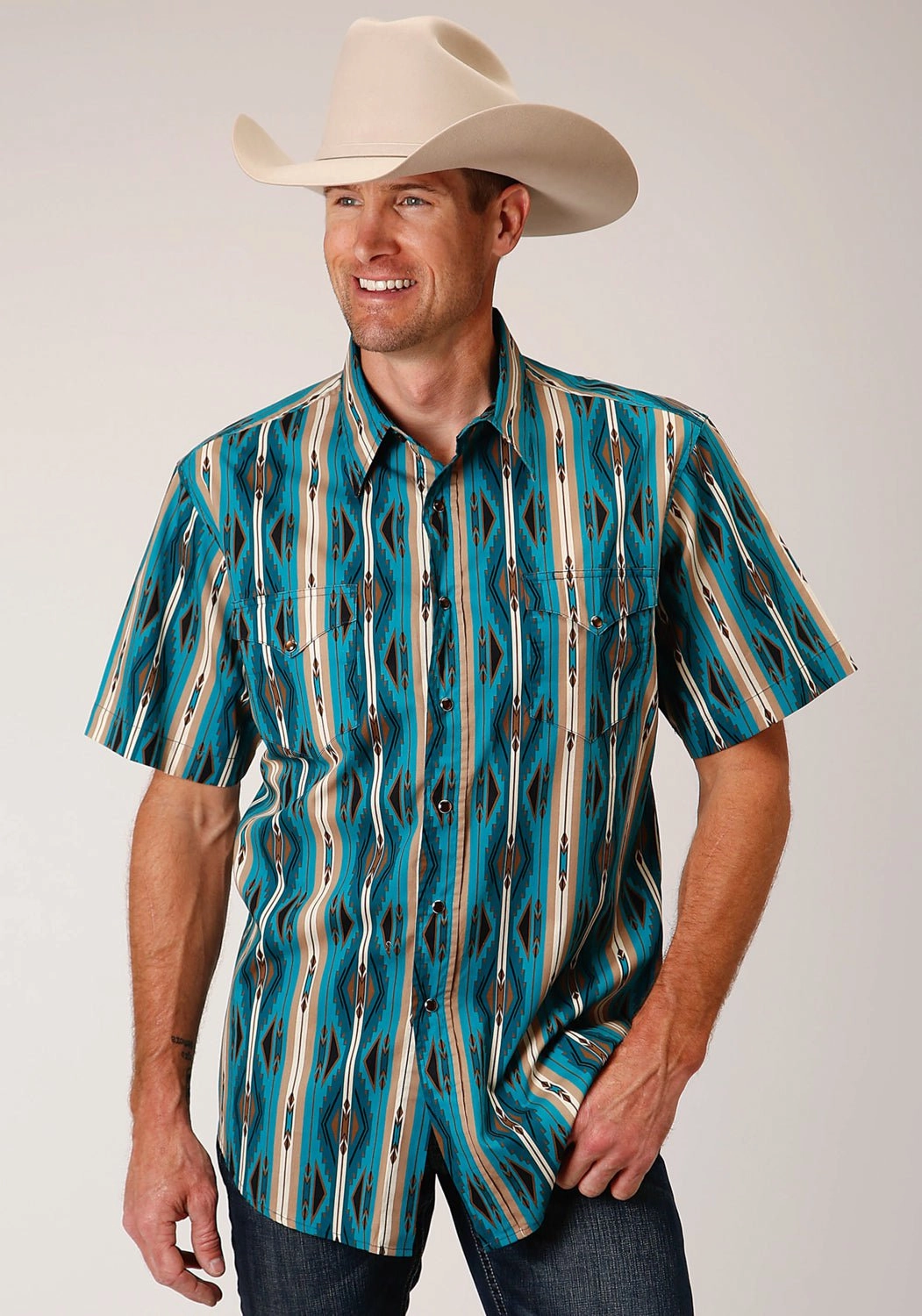 Coastal Vibes Breathable back panel Roper Mens 1475 Aztec Stripe Green 100% Cotton S/S Shirt