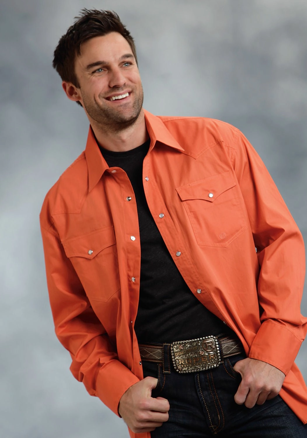 Comfort First Fit Roper Mens Orange 100% Cotton L/S 2 Pocket Western Shirt