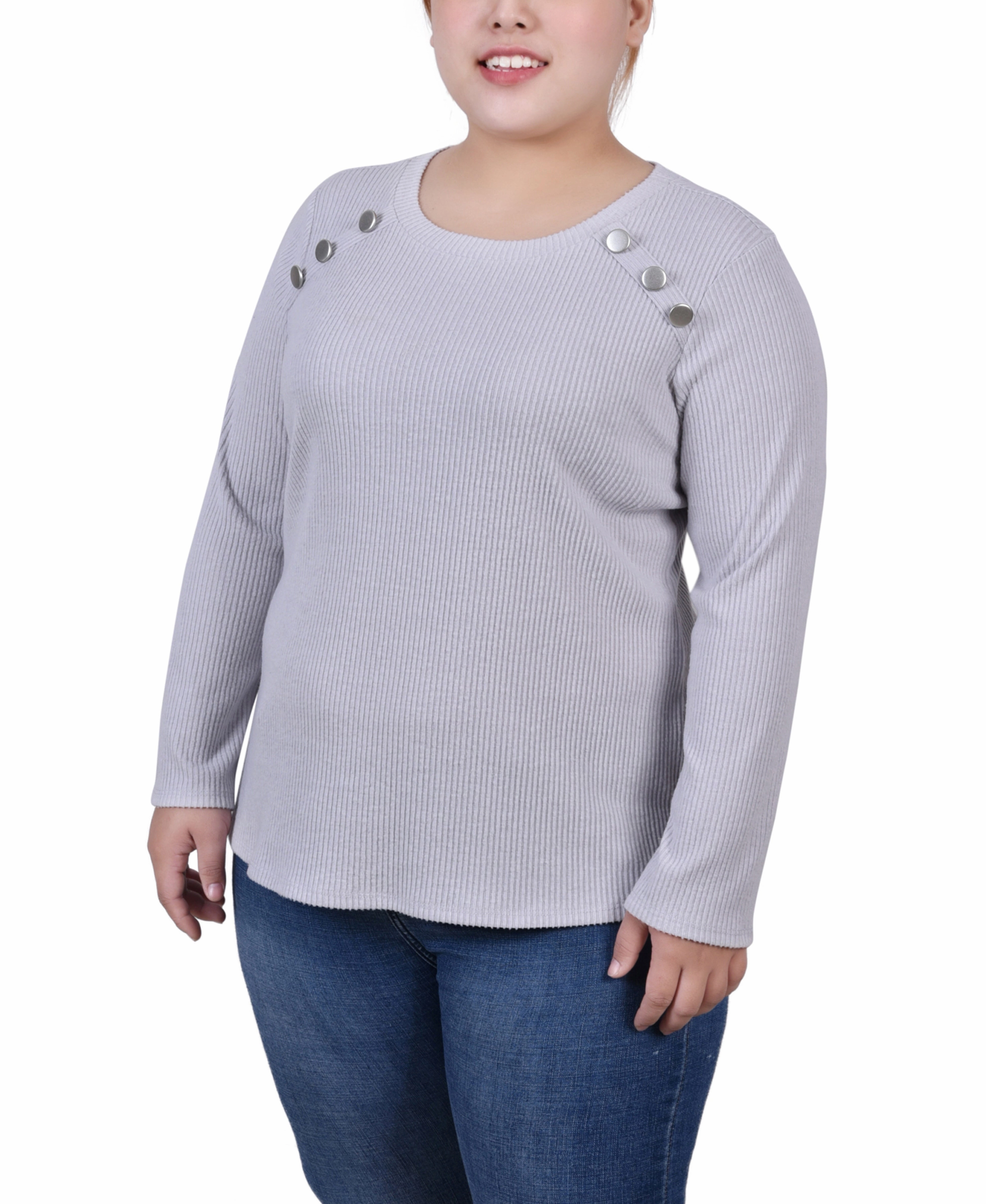Plus Size Long Sleeve Ribbed Button Detail Top Dry-Clean-Only Halter-Neck