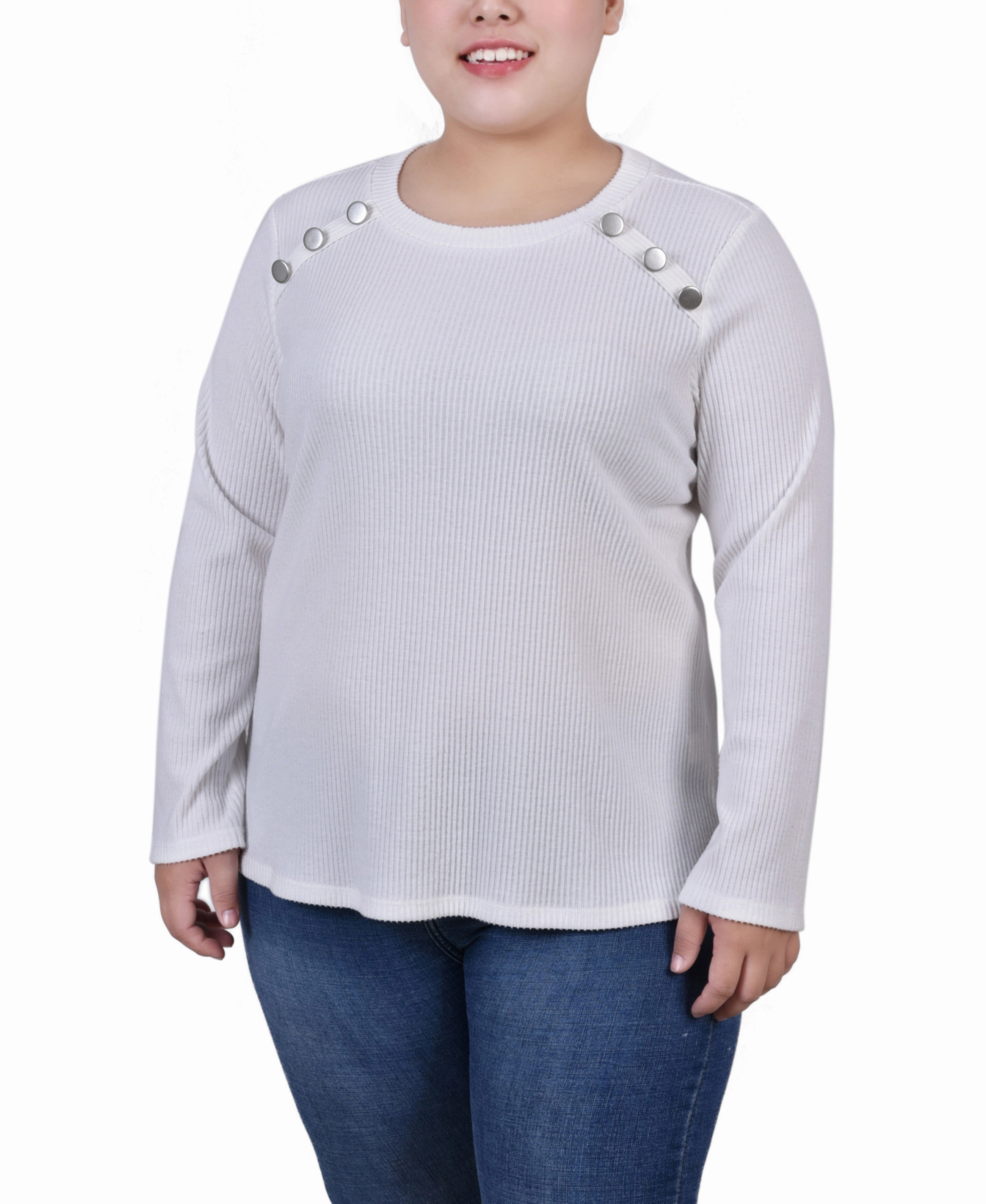 EasyCareMaterial Plus Size Long Sleeve Ribbed Button Detail Top