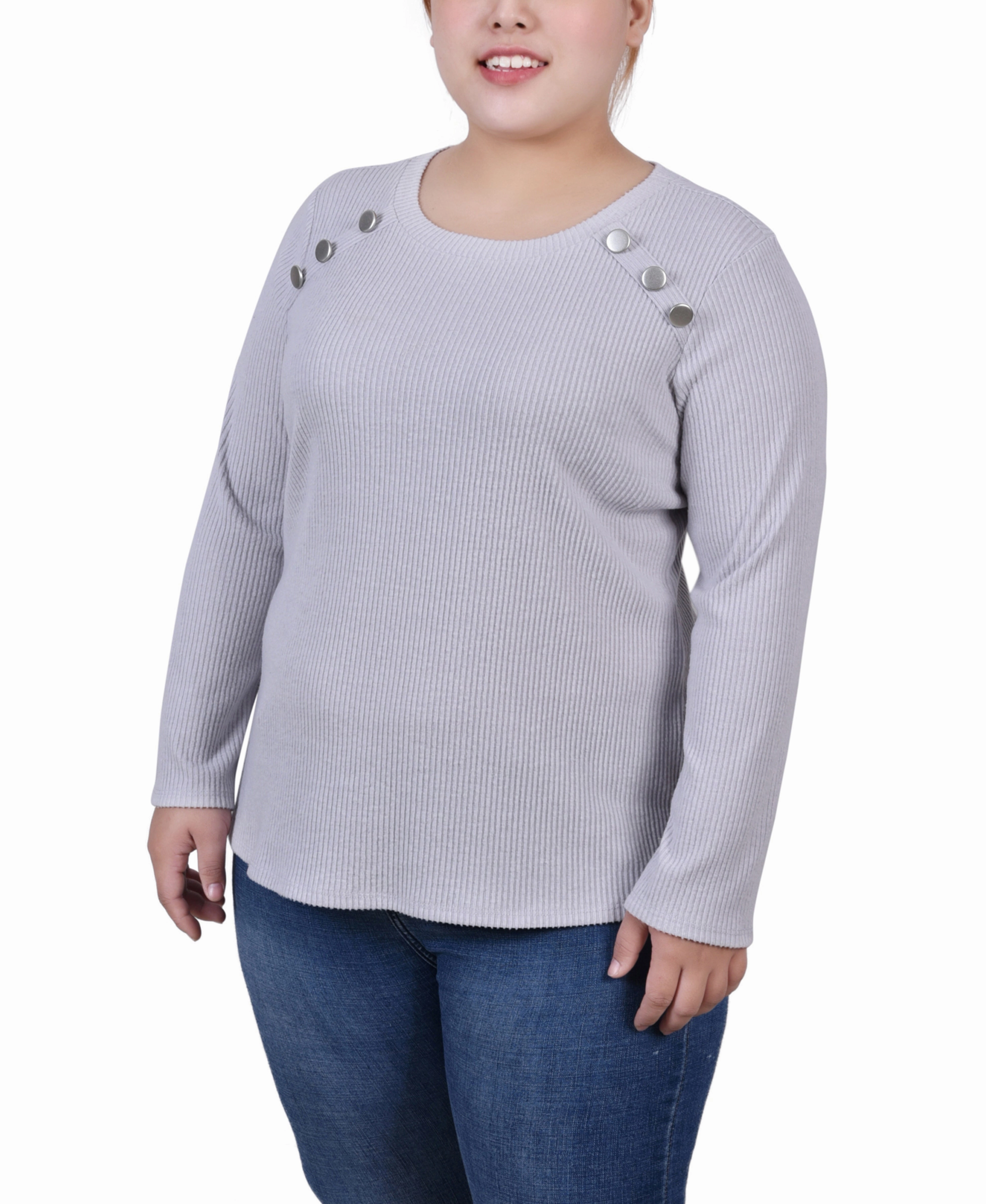 Plus Size Long Sleeve Ribbed Button Detail Top Trendy Piece