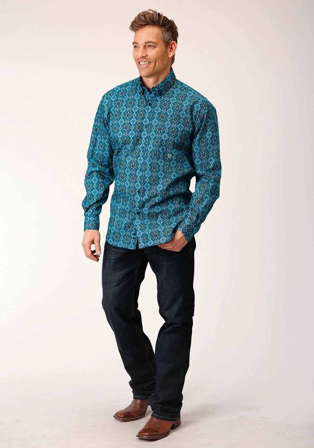 Durable Stitching High Street Fashion Roper Mens Gothic Medallion Blue 100% Cotton L/S Shirt