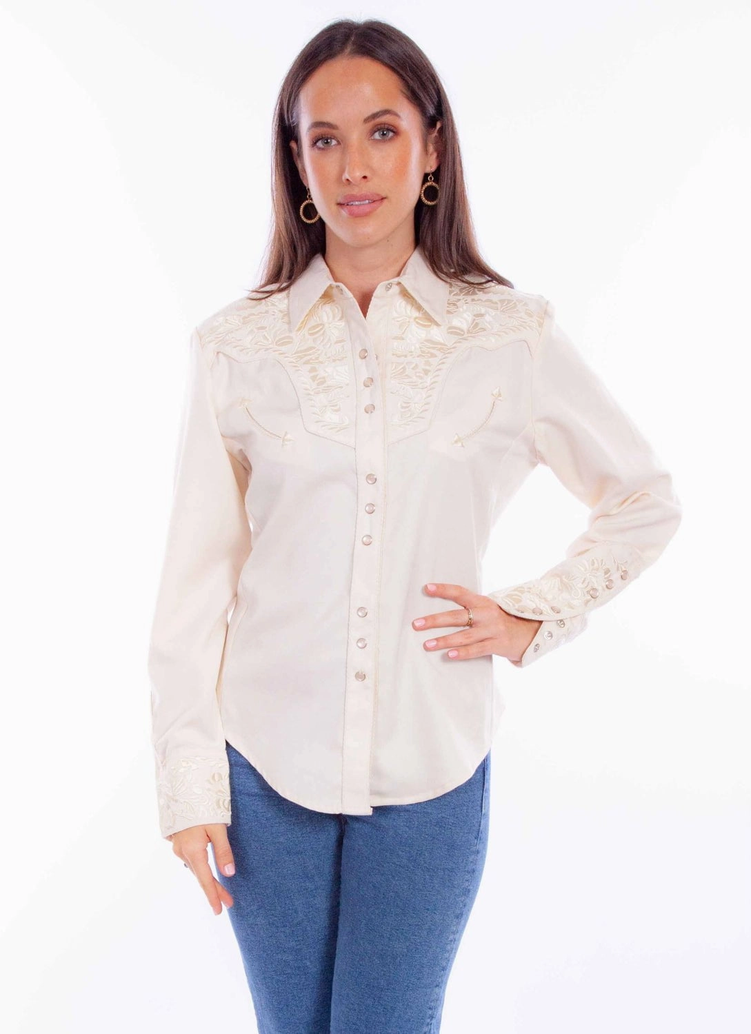 Scully Womens Embroidered Floral Ivory Poly/Rayon L/S Shirt Minimalist Aesthetic