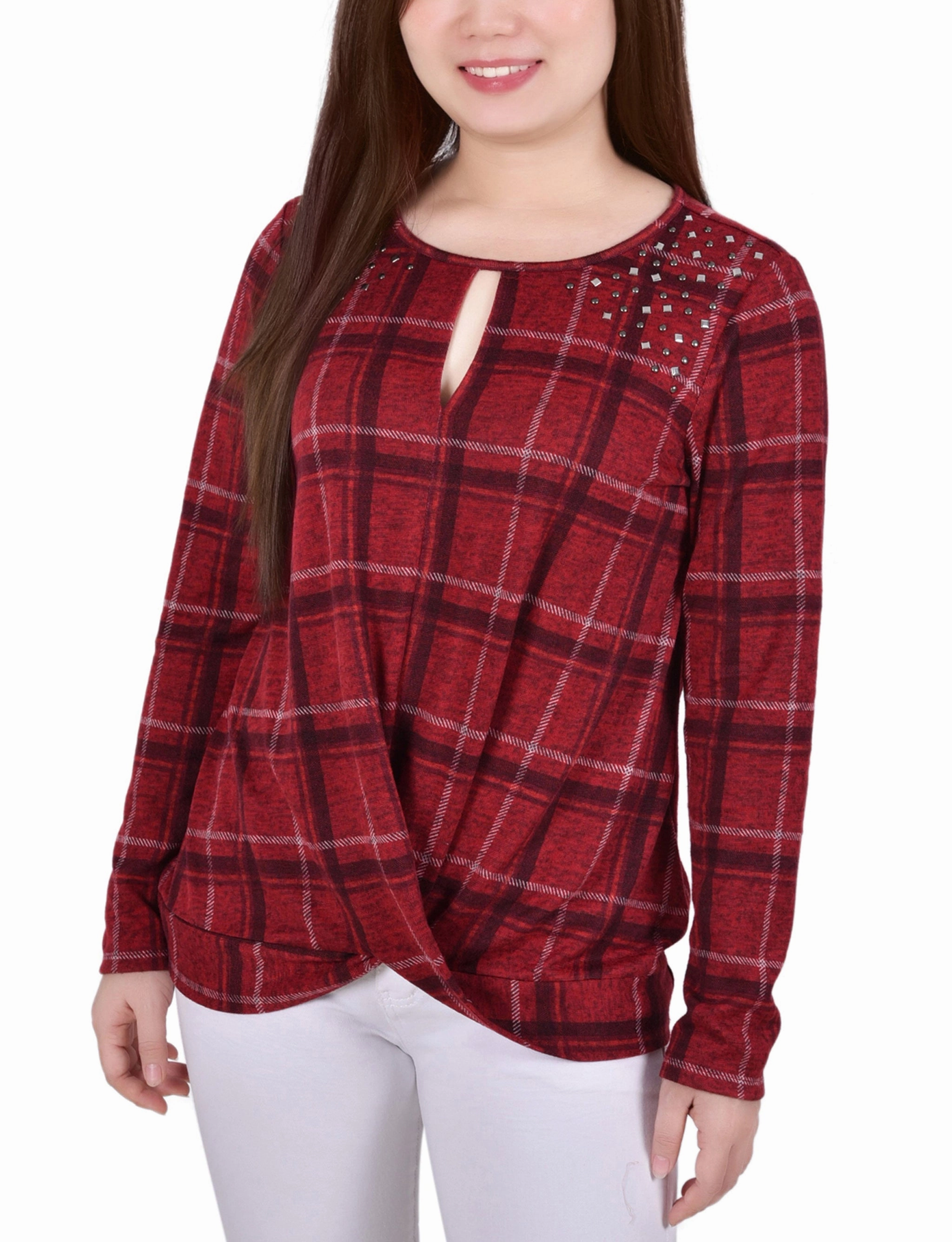 Simple Trend Petite Long Sleeve Knit Keyhole Top With Studs