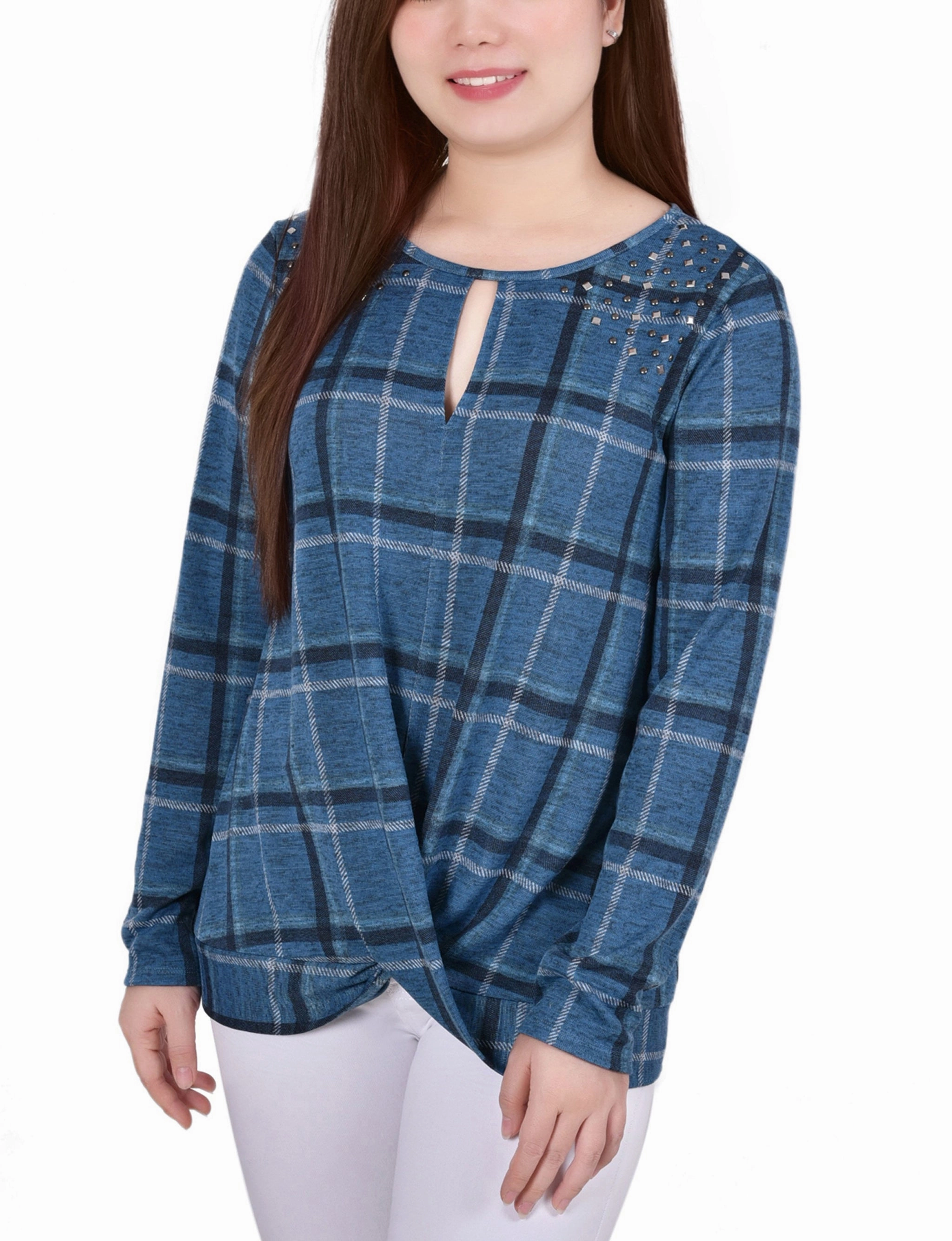 NonRestrictive Cuff Design Petite Long Sleeve Knit Keyhole Top With Studs