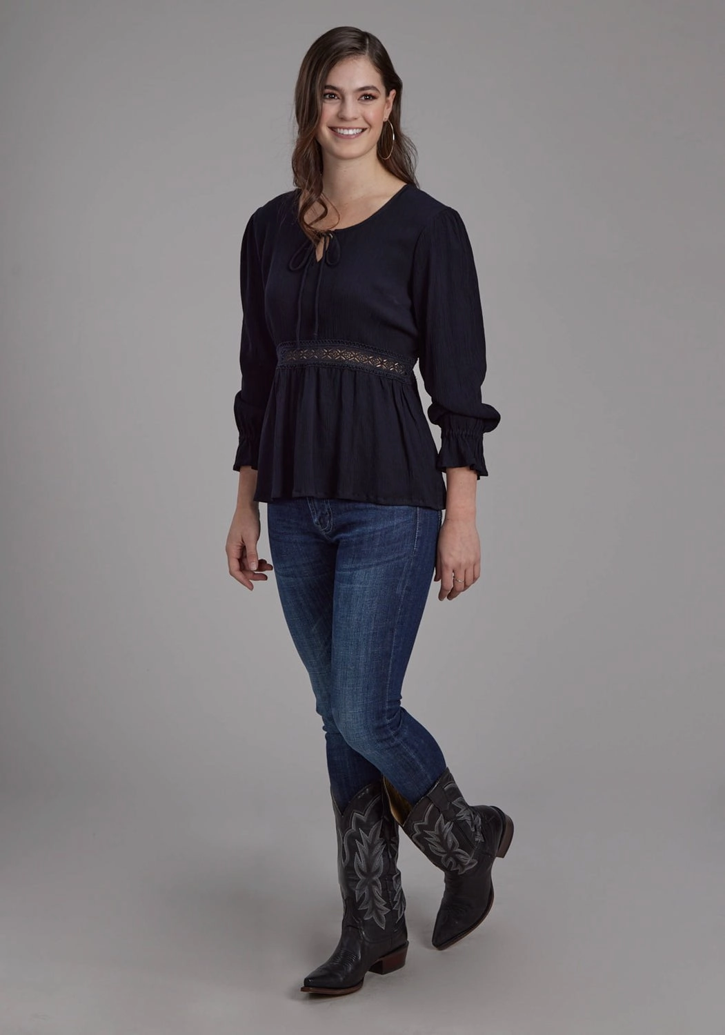 High Neck Fashionable Pick Roper Womens Lace Insert Keyhole Black 100% Rayon 3/4 Sleeve S/S Blouse