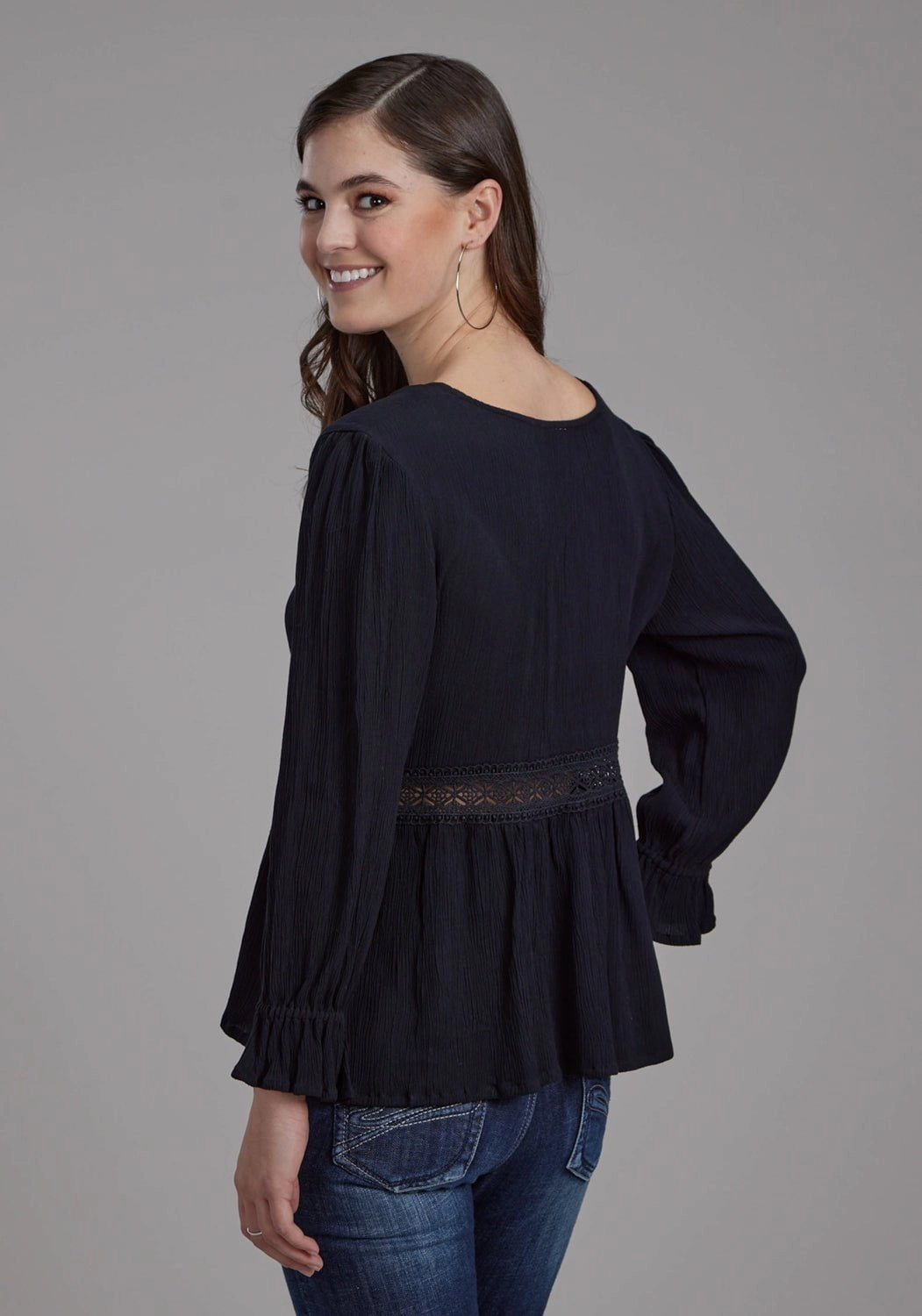 Roper Womens Lace Insert Keyhole Black 100% Rayon 3/4 Sleeve S/S Blouse Unisex style