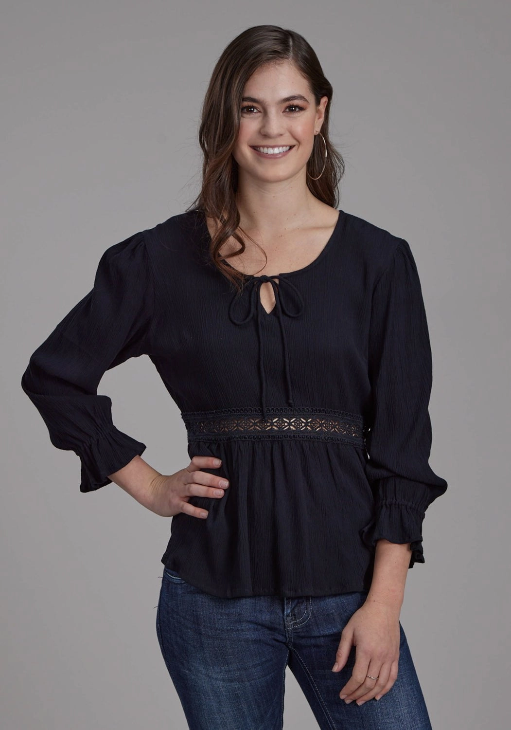 Roper Womens Lace Insert Keyhole Black 100% Rayon 3/4 Sleeve S/S Blouse Eco friendly materials family gathering