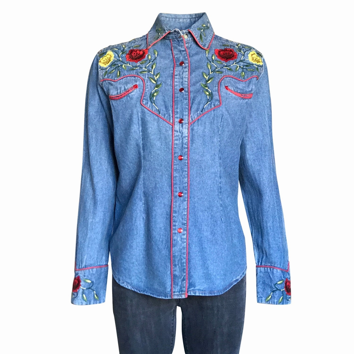 Rockmount Womens Denim 100% Cotton Vintage Floral Embroidery L/S Shirt Budget Friendly