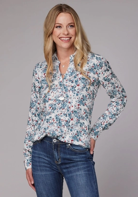 Versatile Clothing Roper Womens Ditzy Floral White/Blue 100% Rayon L/S Shirt