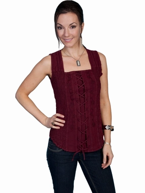 Scully Cantina Collection Tank Top Burgundy 100% Cotton Lace-Up Front Stretch Fit Technology Non-Iron