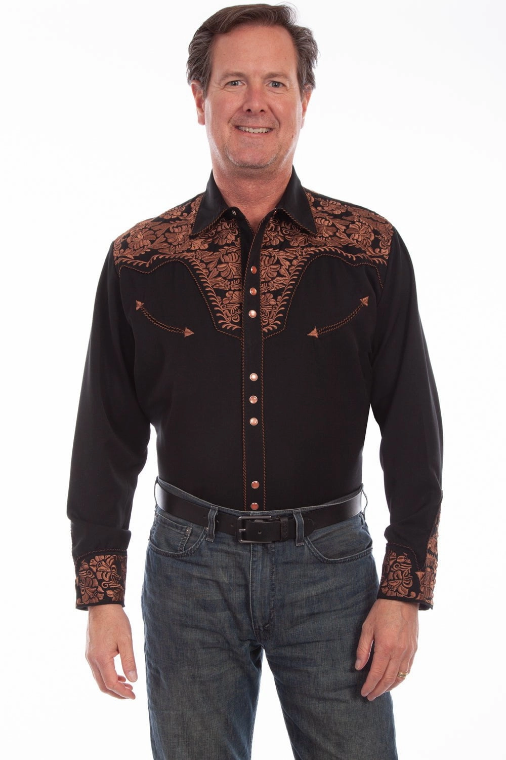 Durable Fabric Scully Mens Shirt Western Black Poly Blend Floral Tooled Stitch L/S